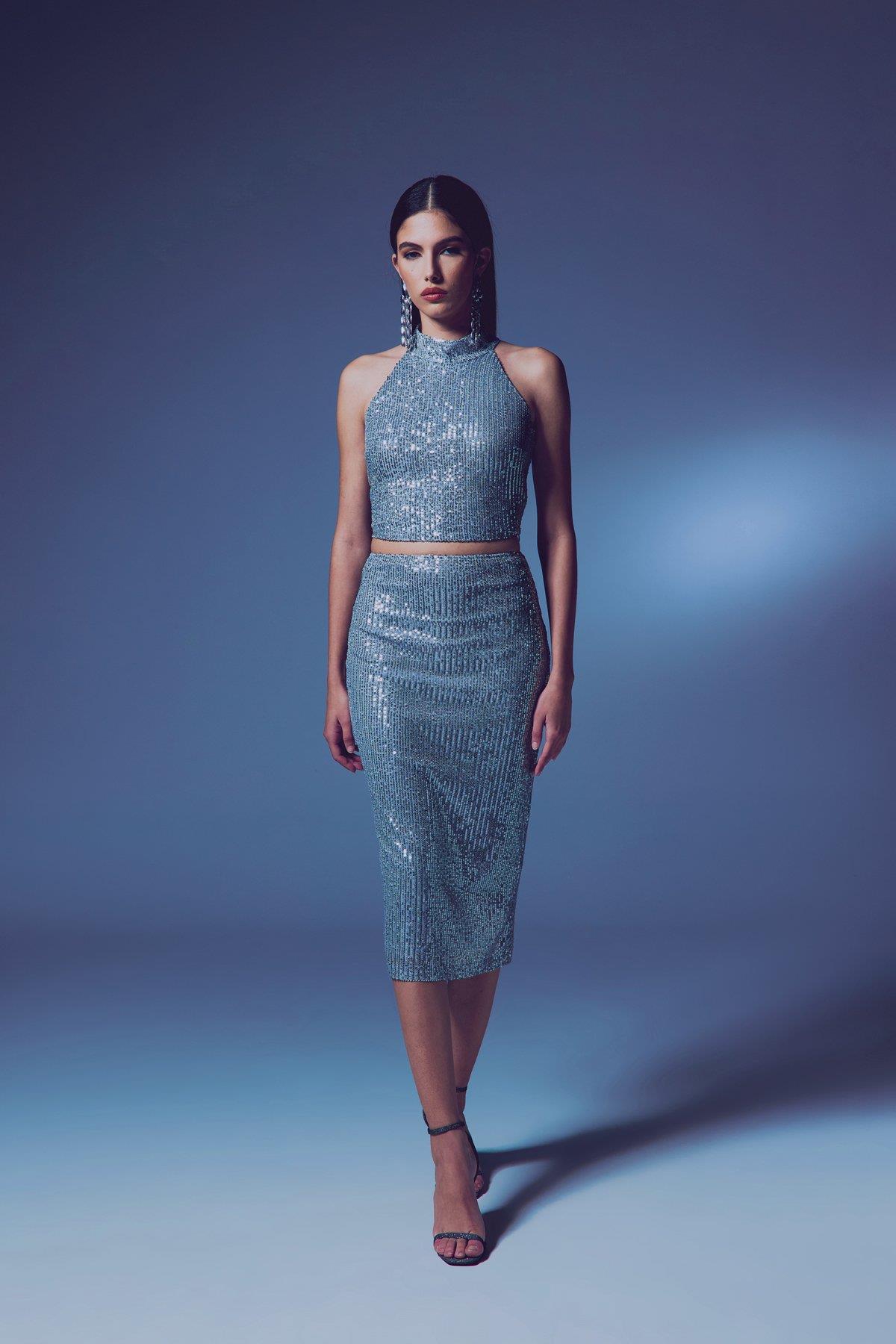 Wholesale Women's Silver Midi-Length Sequined Pencil Skirt 0033-2093-4524