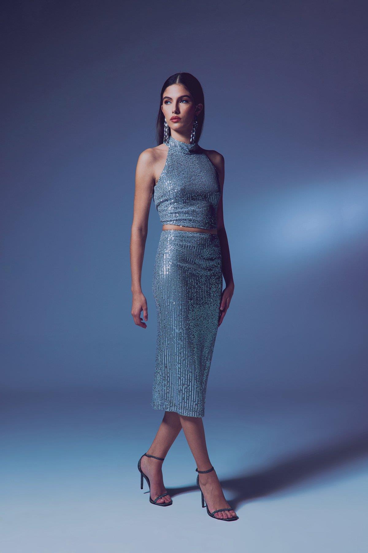 Wholesale Women's Silver Midi-Length Sequined Pencil Skirt 0033-2093-4524