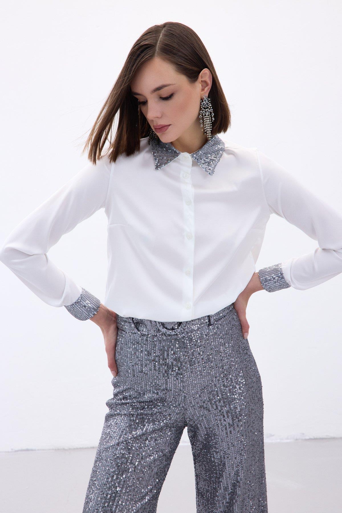Wholesale Women's Silver Satin Shirt with Sequin-Embellished Collar and Cuffs 0033-1281-2524