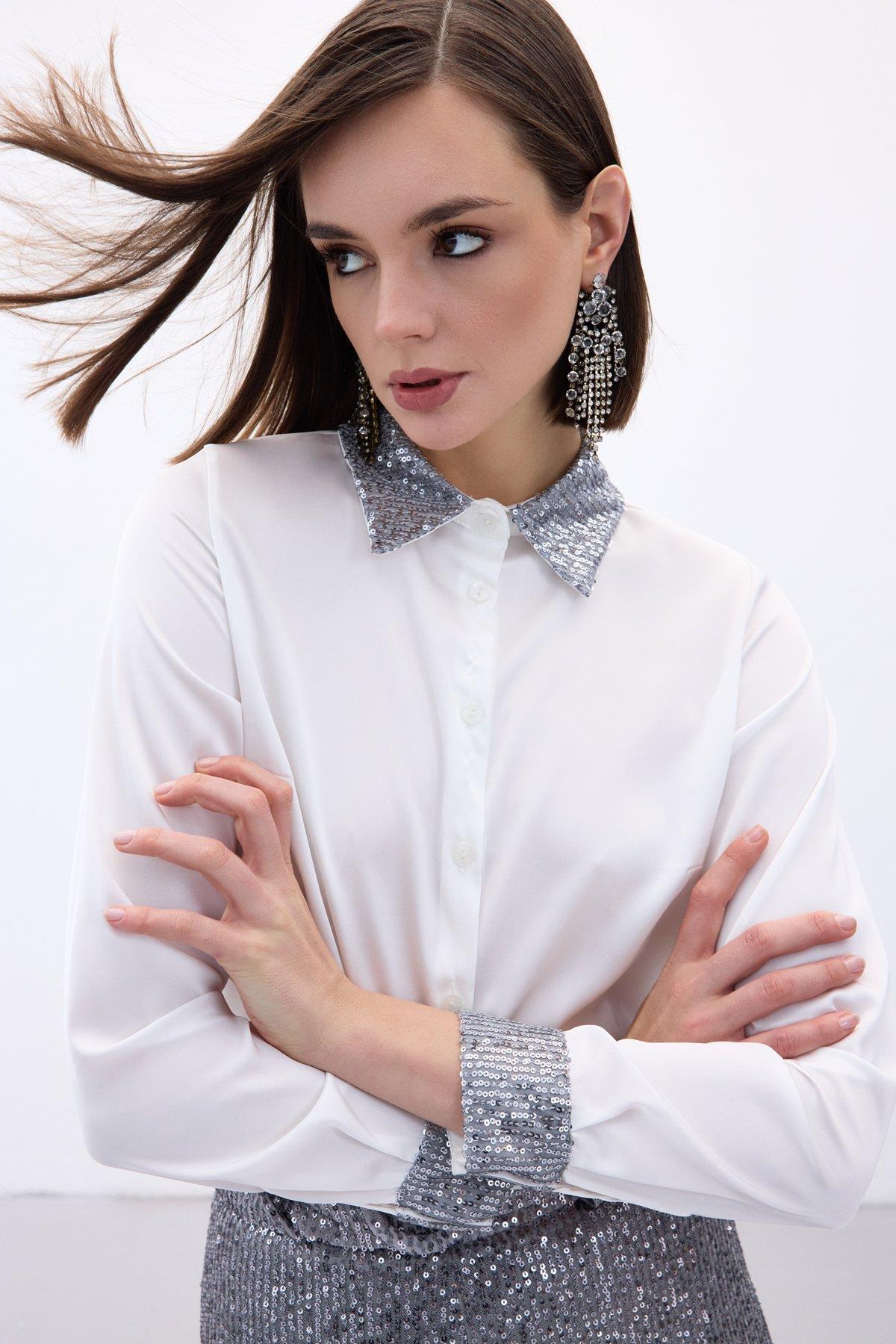 Wholesale Women's Silver Satin Shirt with Sequin-Embellished Collar and Cuffs 0033-1281-2524
