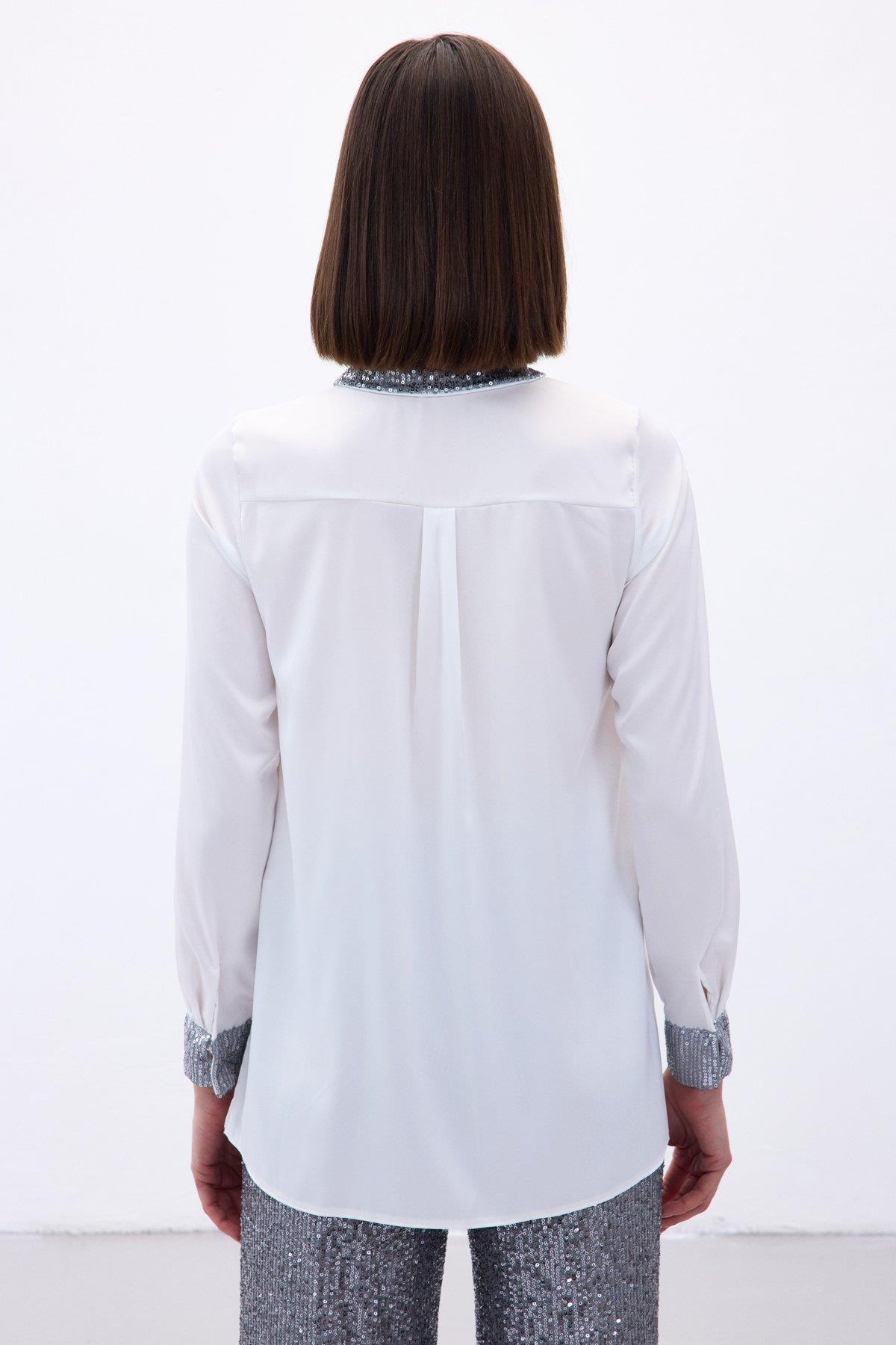 Wholesale Women's Silver Satin Shirt with Sequin-Embellished Collar and Cuffs 0033-1281-2524