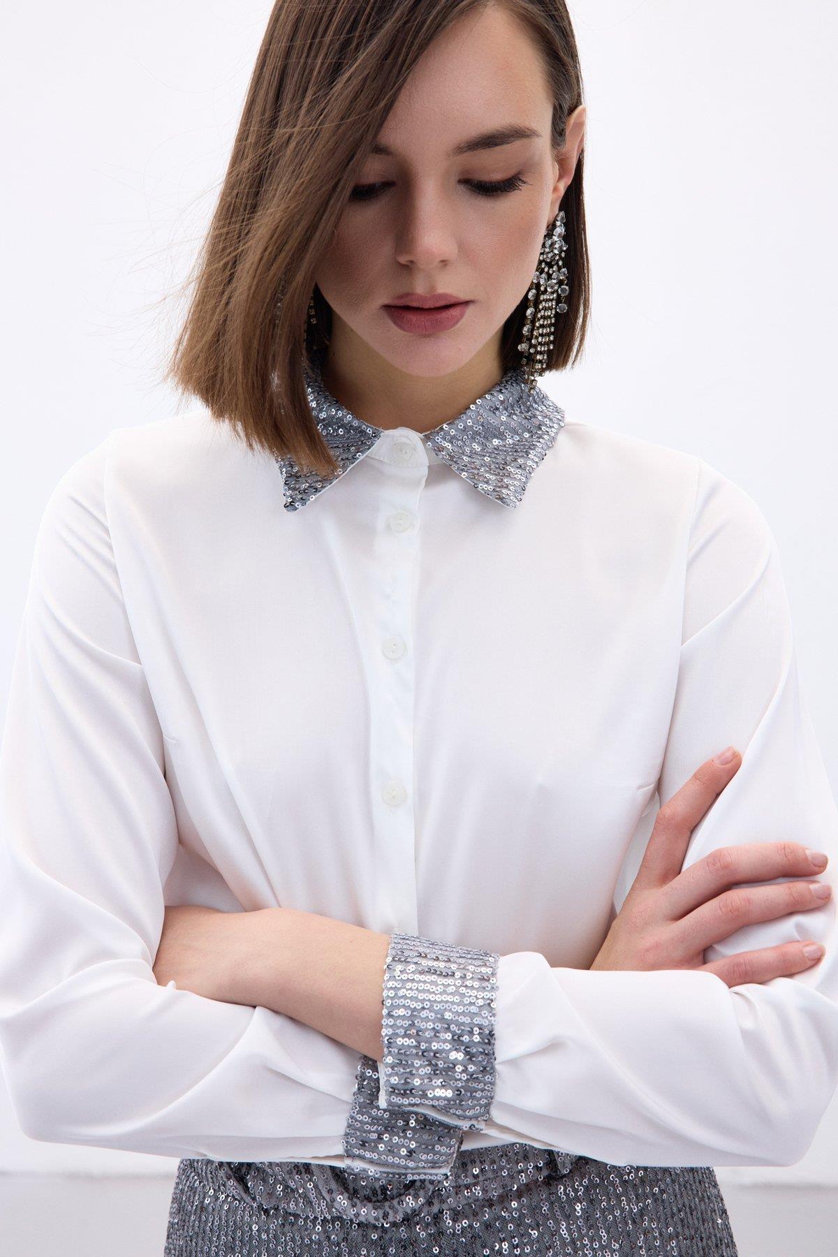 Wholesale Women's Silver Satin Shirt with Sequin-Embellished Collar and Cuffs 0033-1281-2524