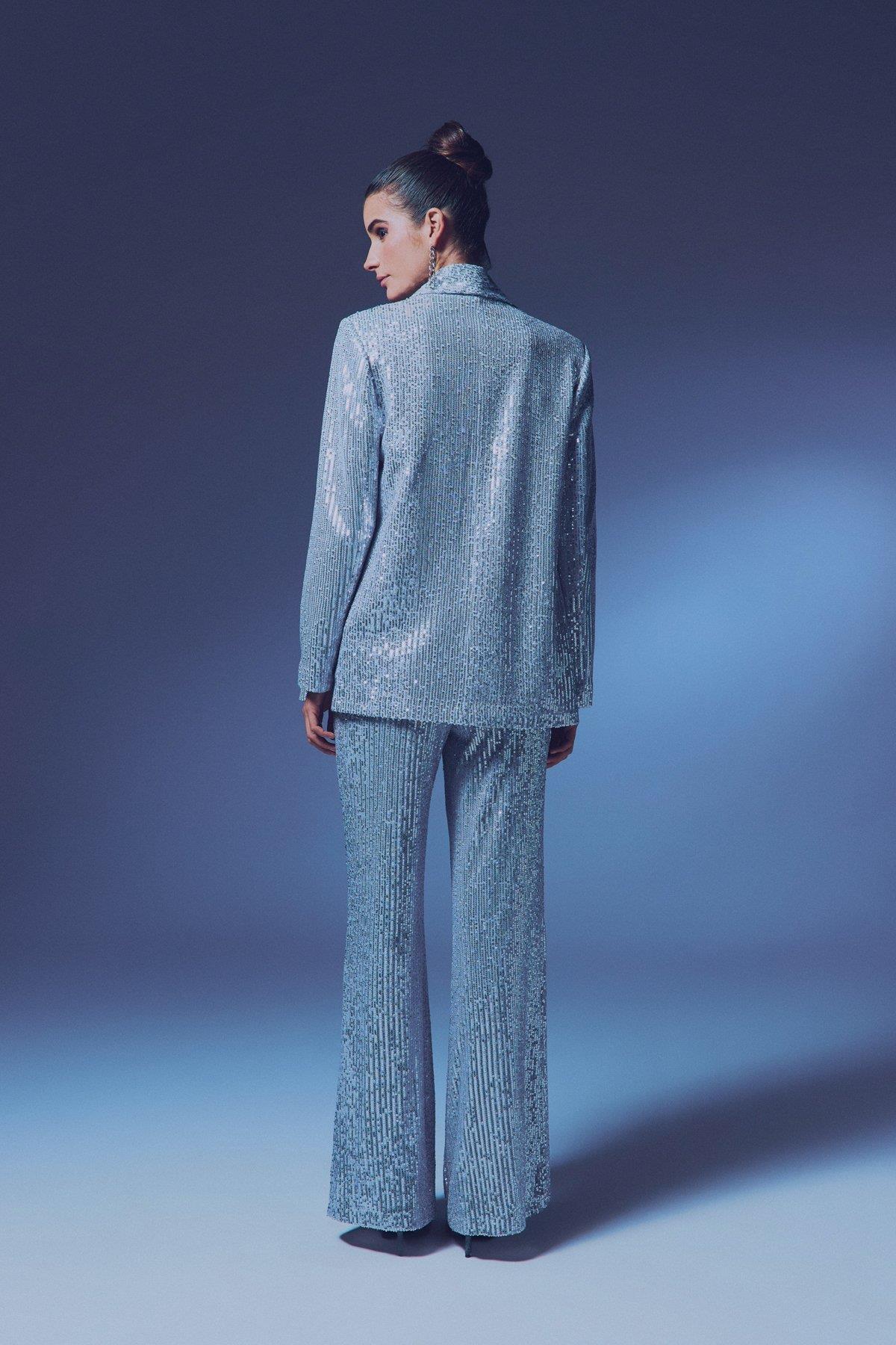 Wholesale Women's Silver Sequined Loose-Fit Blazer 0033-1673-6560