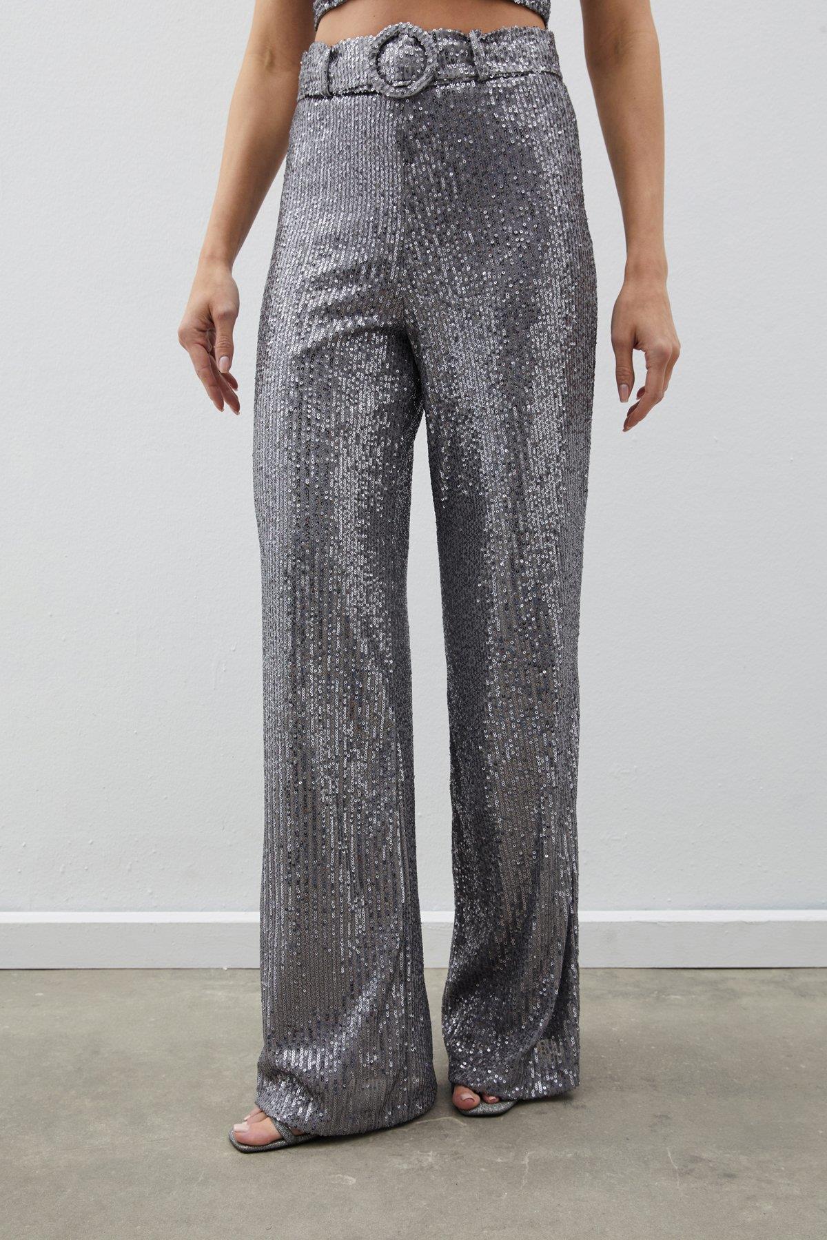 Wholesale Women's Silver Sequined Trousers with Belt 0033-2089-5518