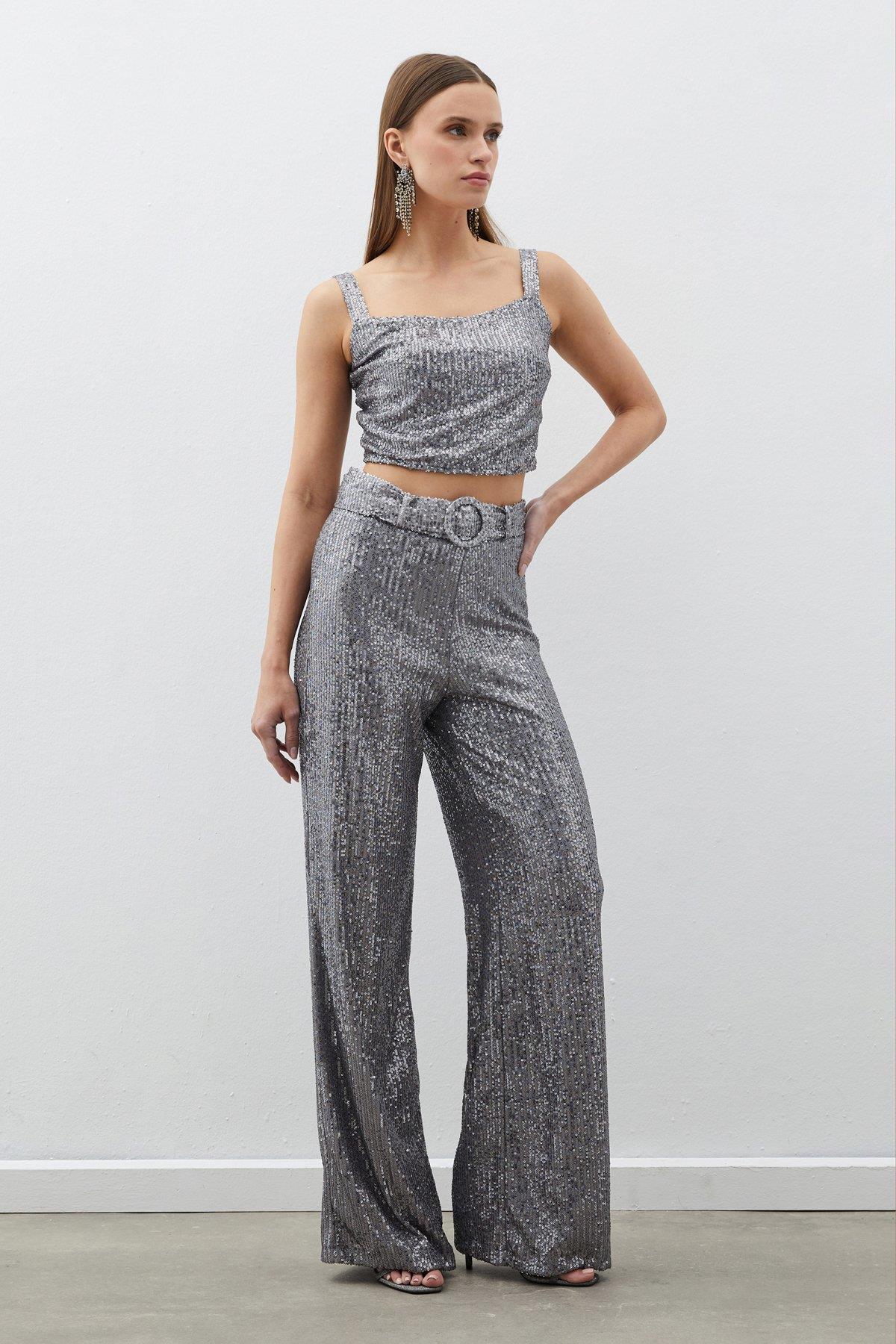 Wholesale Women's Silver Sequined Trousers with Belt 0033-2089-5518