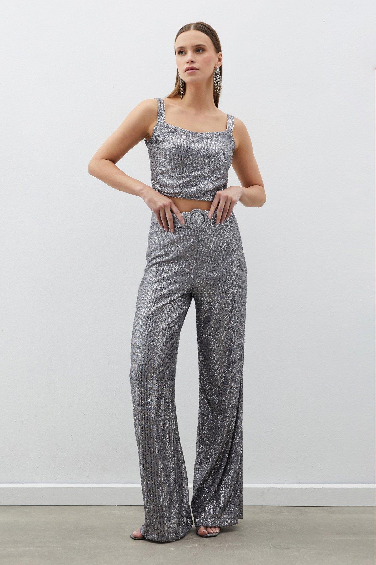 Wholesale Women's Silver Sequined Trousers with Belt 0033-2089-5518
