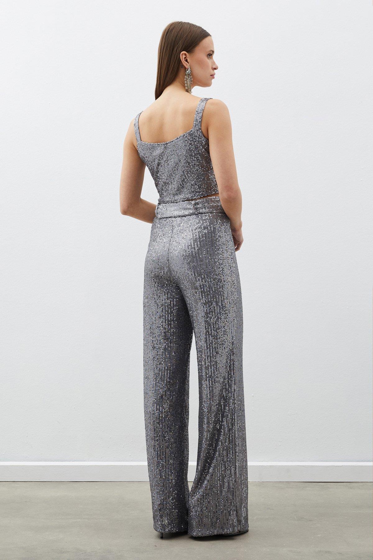 Wholesale Women's Silver Sequined Trousers with Belt 0033-2089-5518