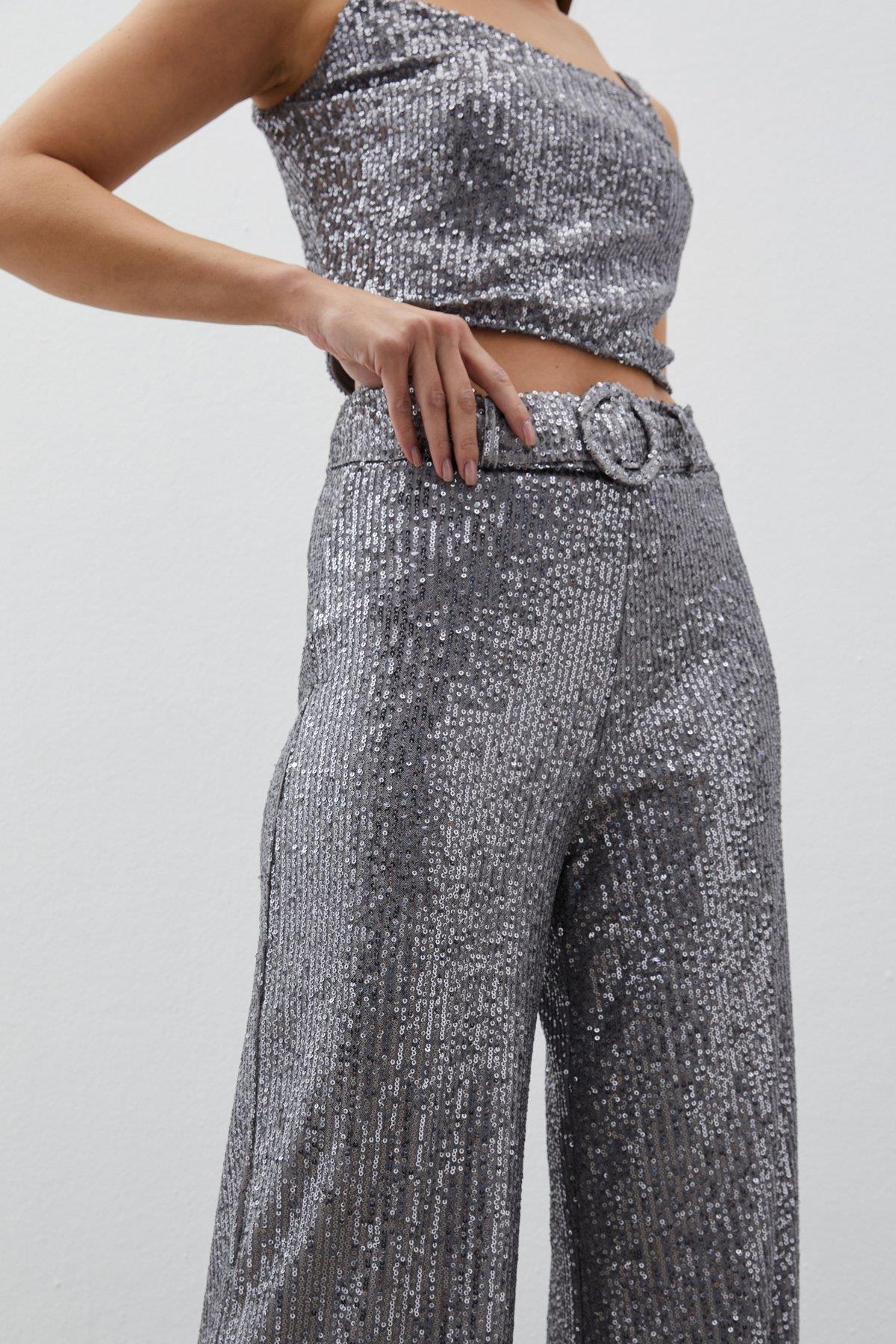 Wholesale Women's Silver Sequined Trousers with Belt 0033-2089-5518