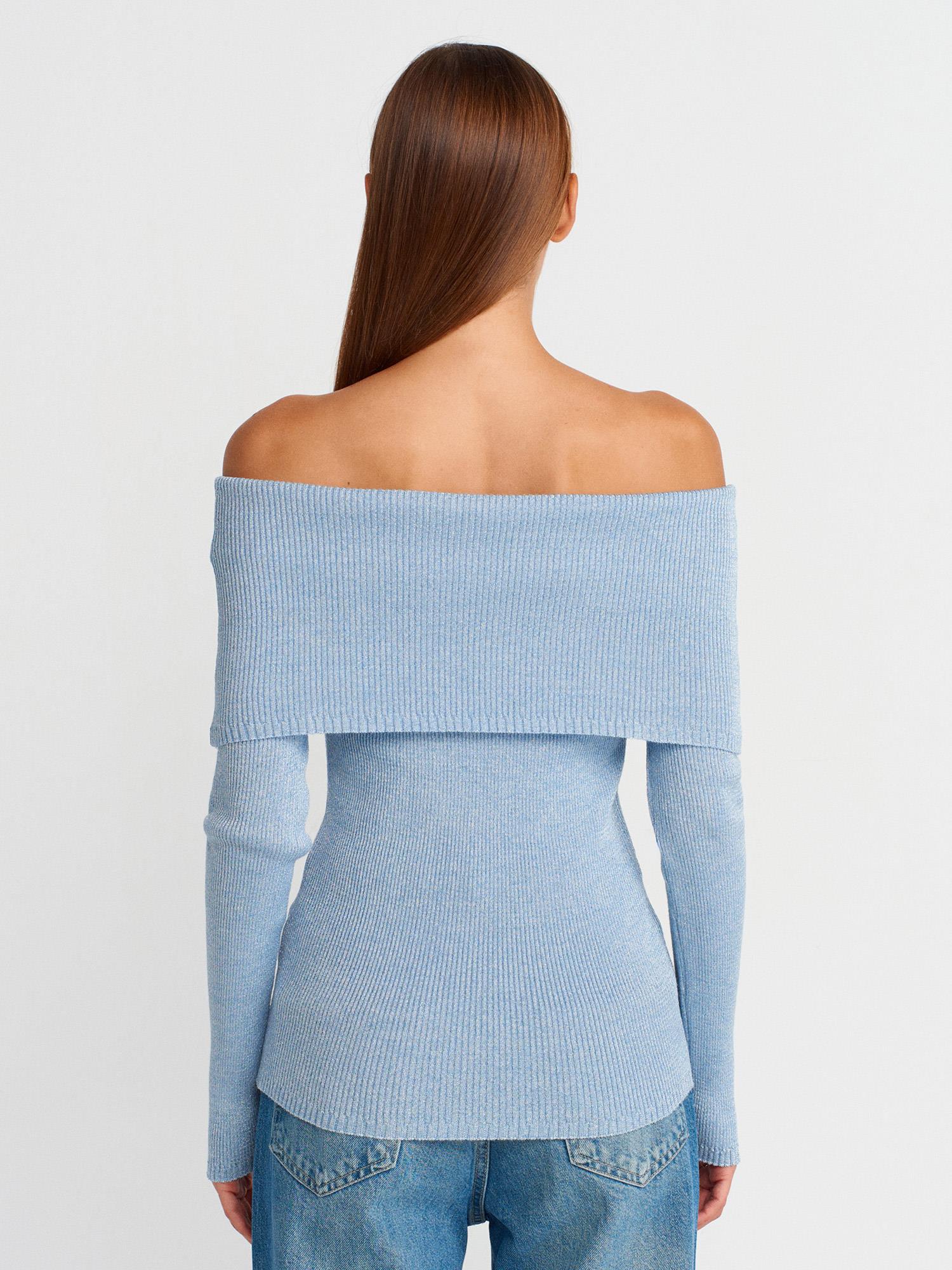 Wholesale Women's Sky Blue Lurex Ribbed Knit Sweater with Carmen Collar 0431W26-10808