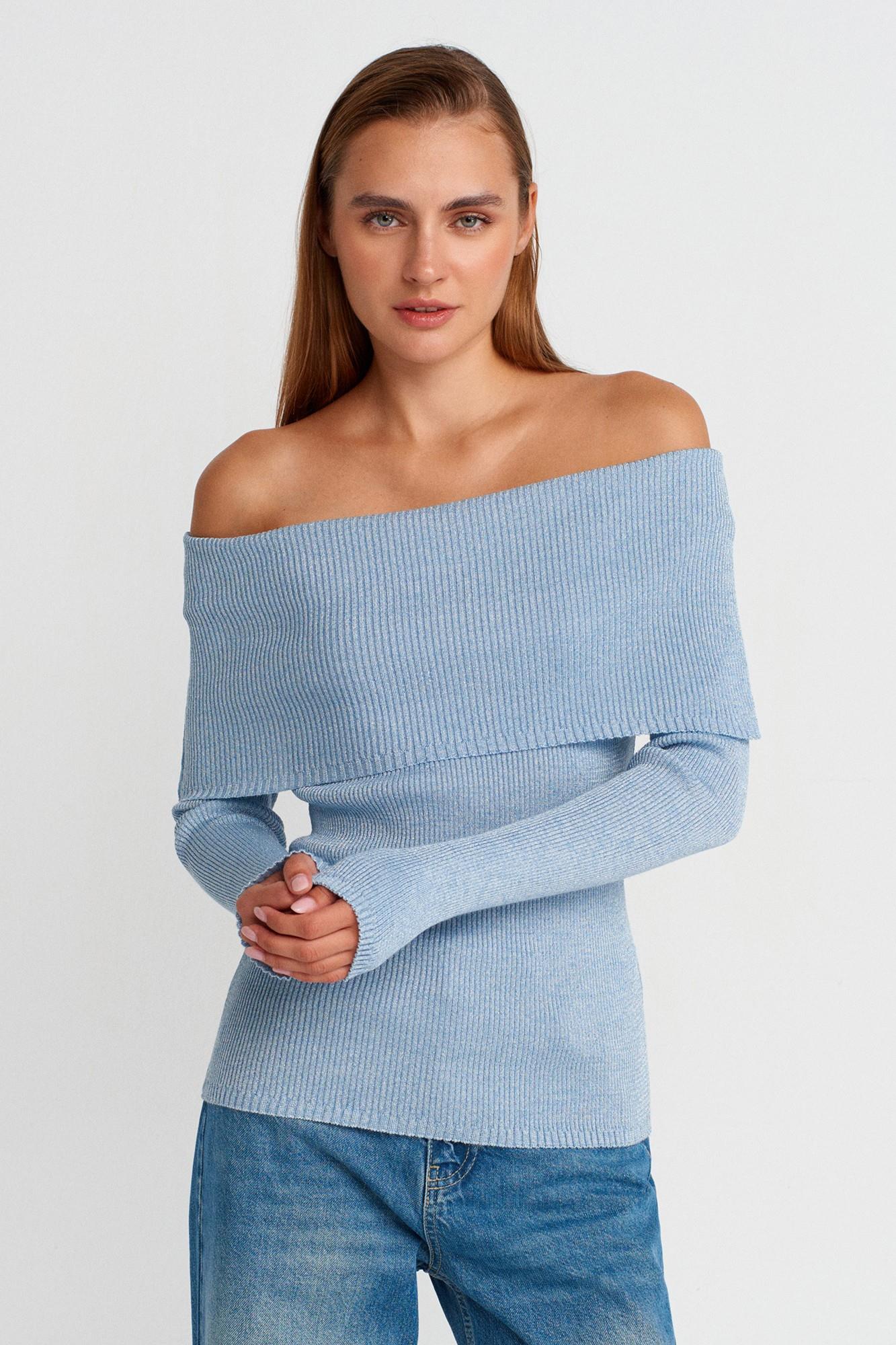 Wholesale Women's Sky Blue Lurex Ribbed Knit Sweater with Carmen Collar 0431W26-10808