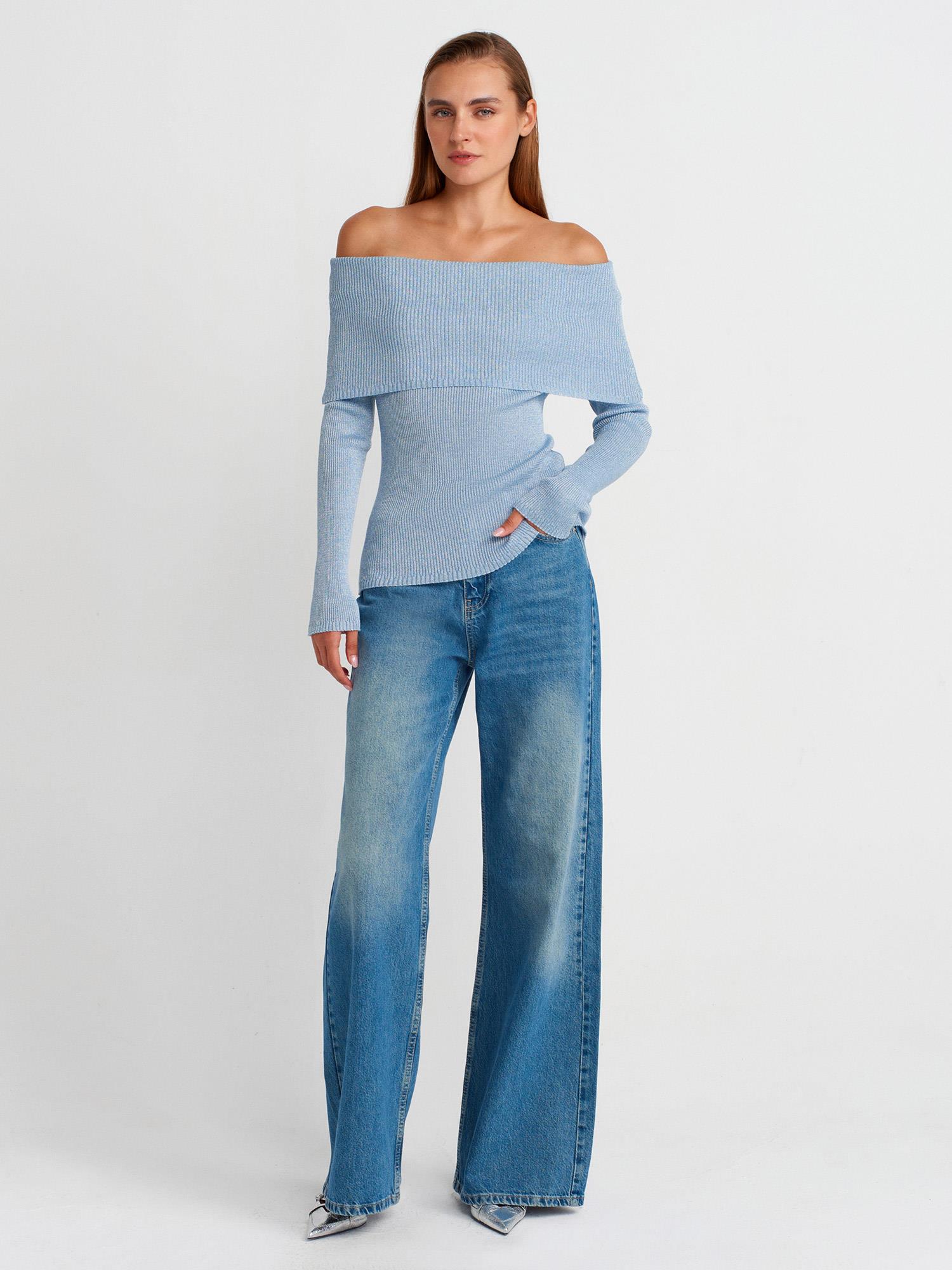 Wholesale Women's Sky Blue Lurex Ribbed Knit Sweater with Carmen Collar 0431W26-10808