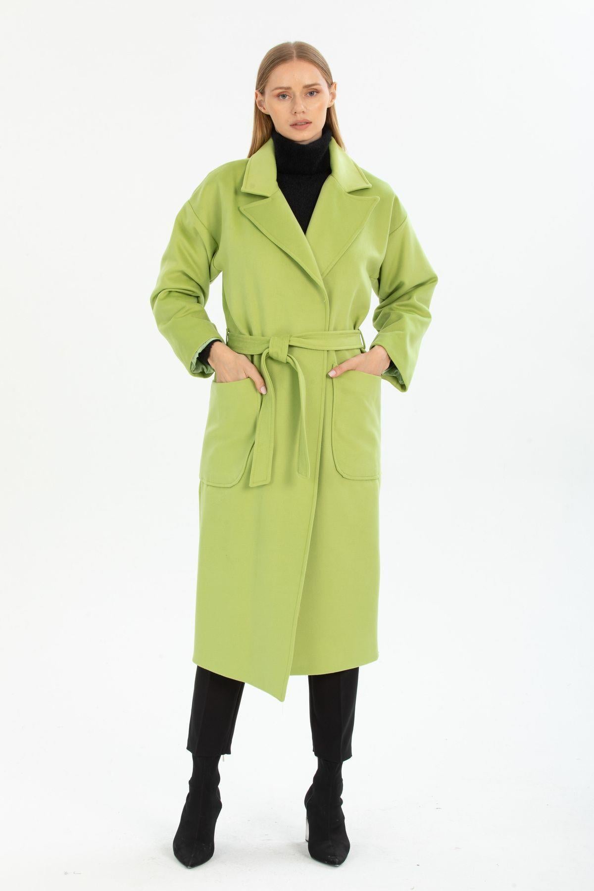 Wholesale Women's Slit Pistachio Green Zippered Long Tied Coat