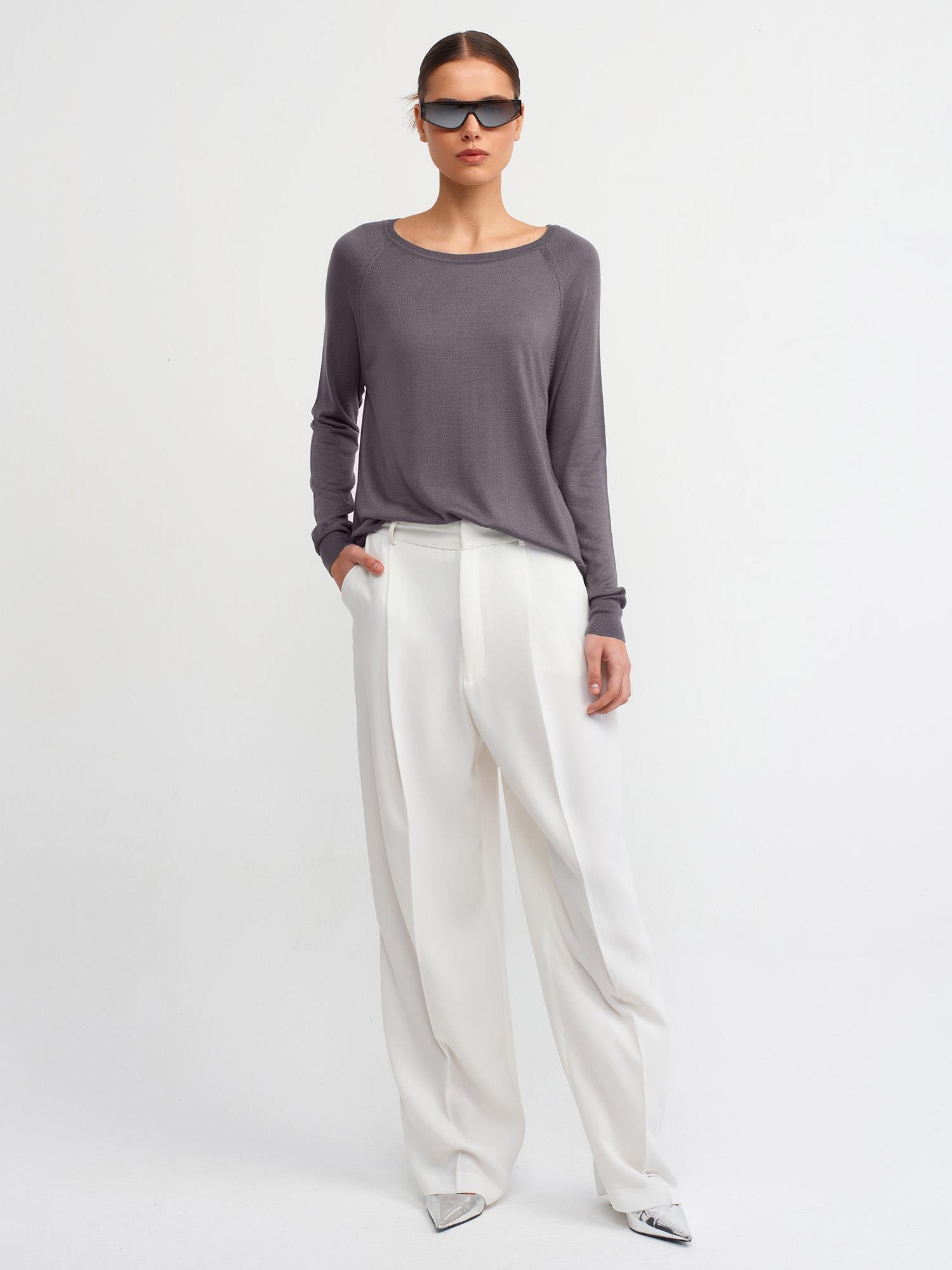 Wholesale Women's Smoke Gray Fine Knit Blouse with Raglan Sleeves and Side Slits 0431-10536