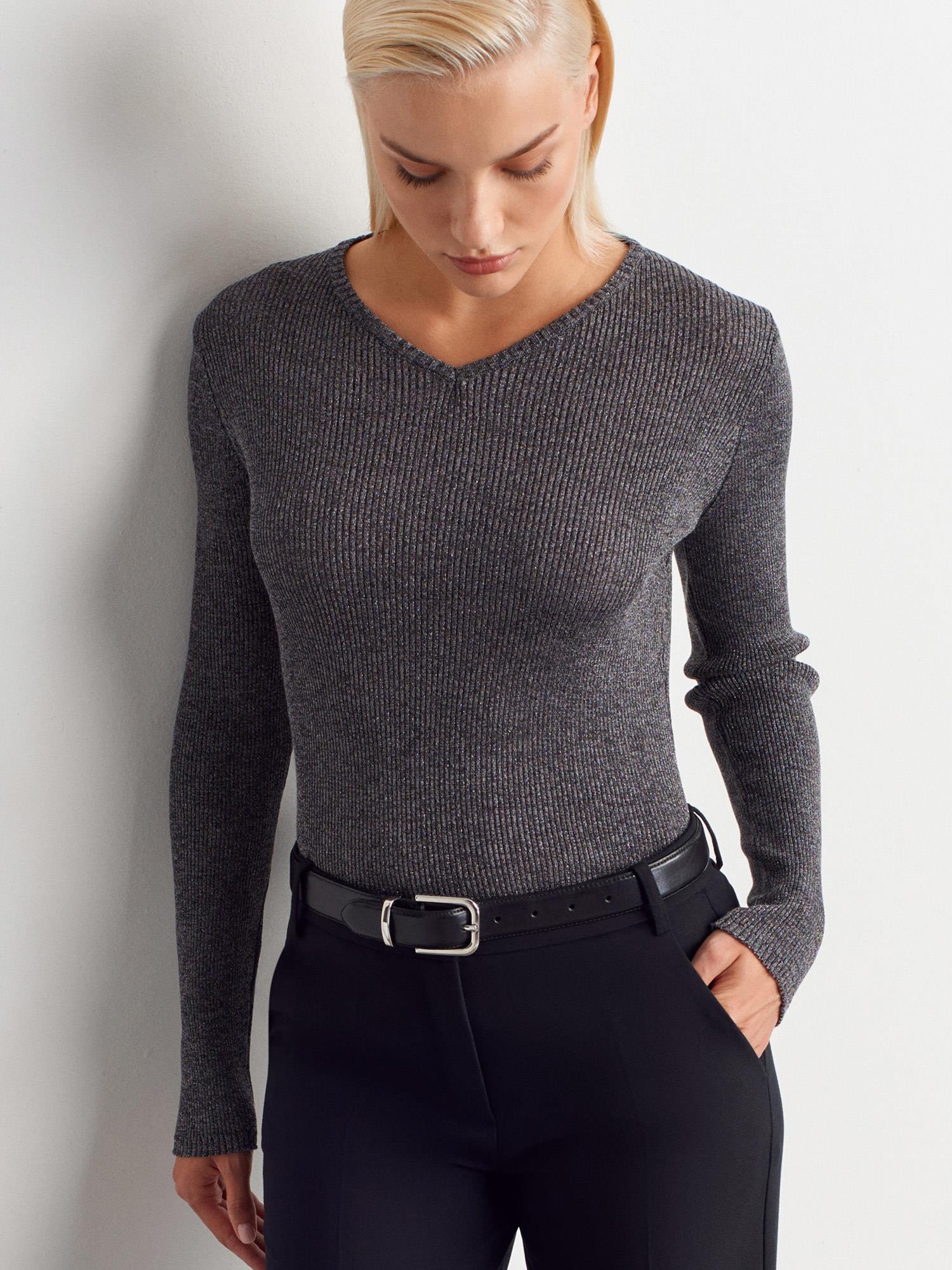 Wholesale Women's Smoke Gray V-Neck Lurex Knit Sweater 0431W26-10803