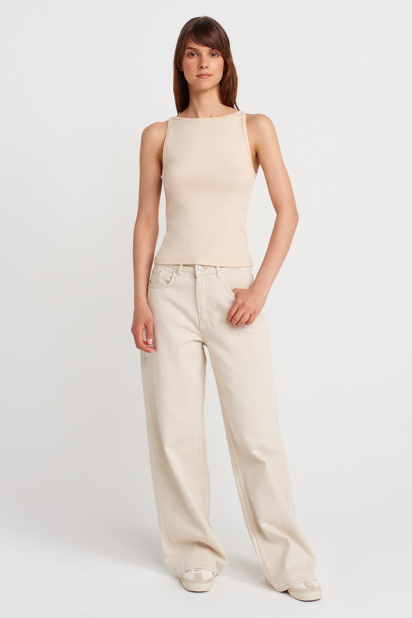 Wholesale Women's Stone Beige Cotton-Modal Sleeveless Top 0431-21048