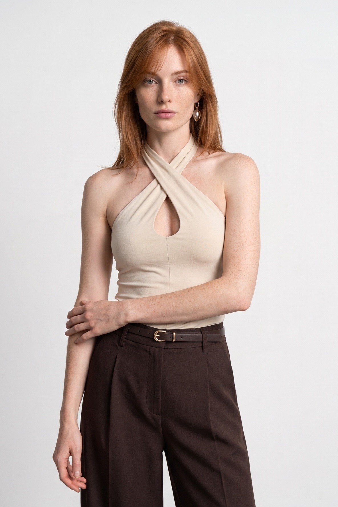 Wholesale Women's Stone Beige Cross-Front Halter Top 0431-21267