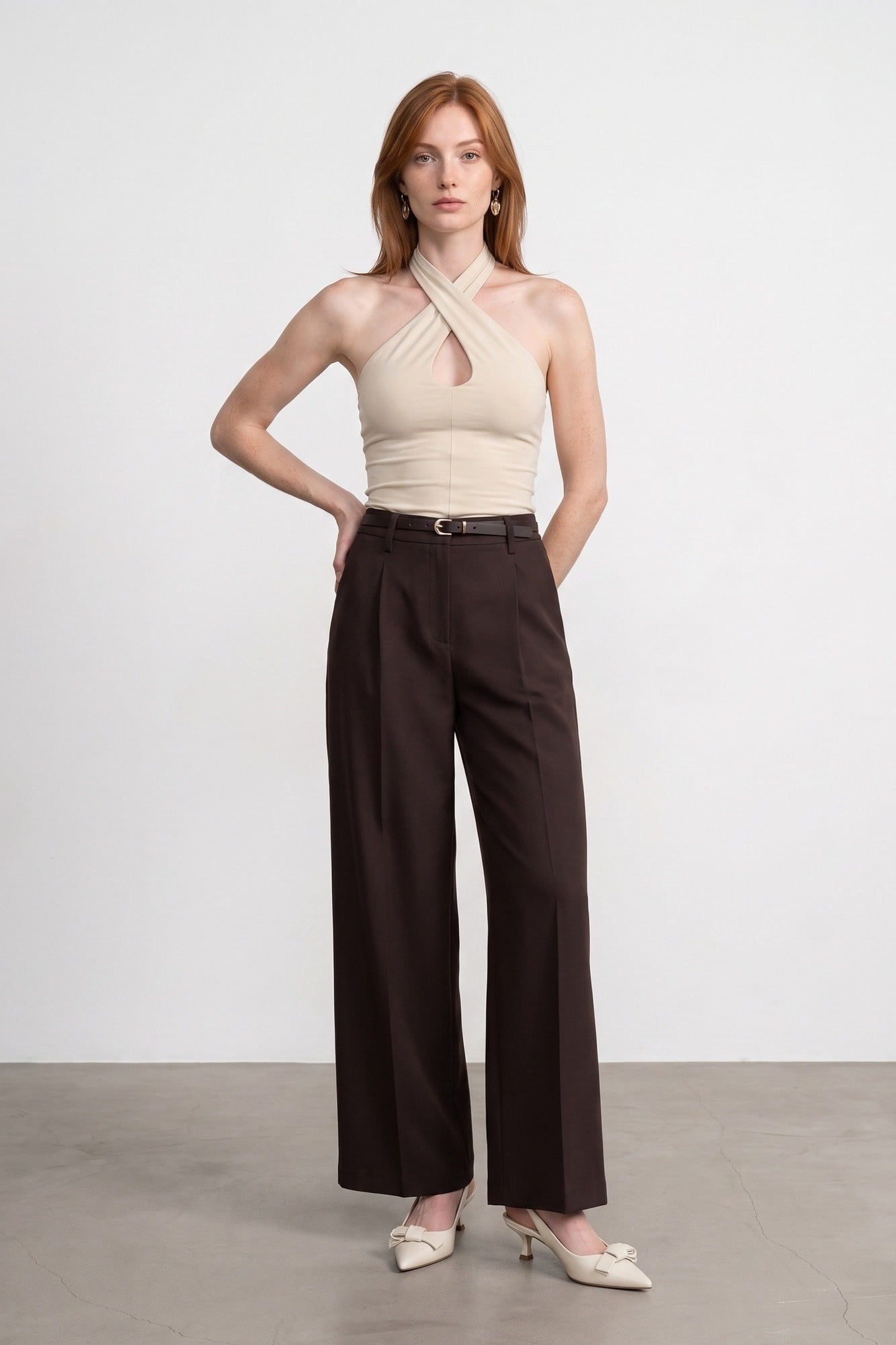 Wholesale Women's Stone Beige Cross-Front Halter Top 0431-21267