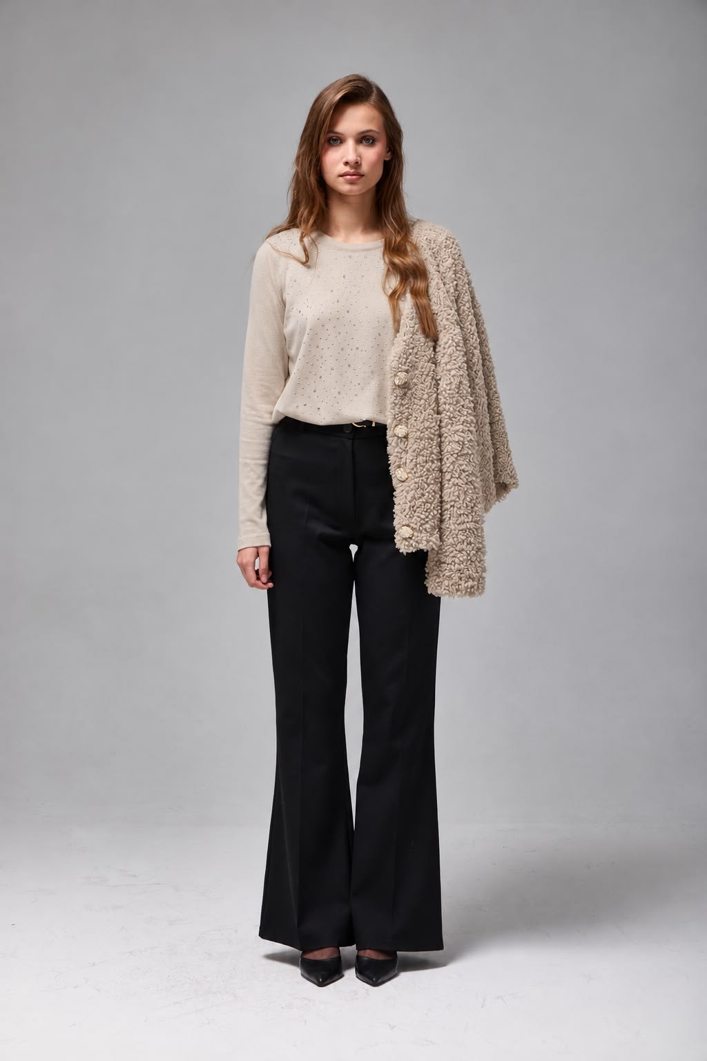 Wholesale Women's Stone Beige Rhinestone-Embellished Crew-Neck Knit Sweater 0037-3717