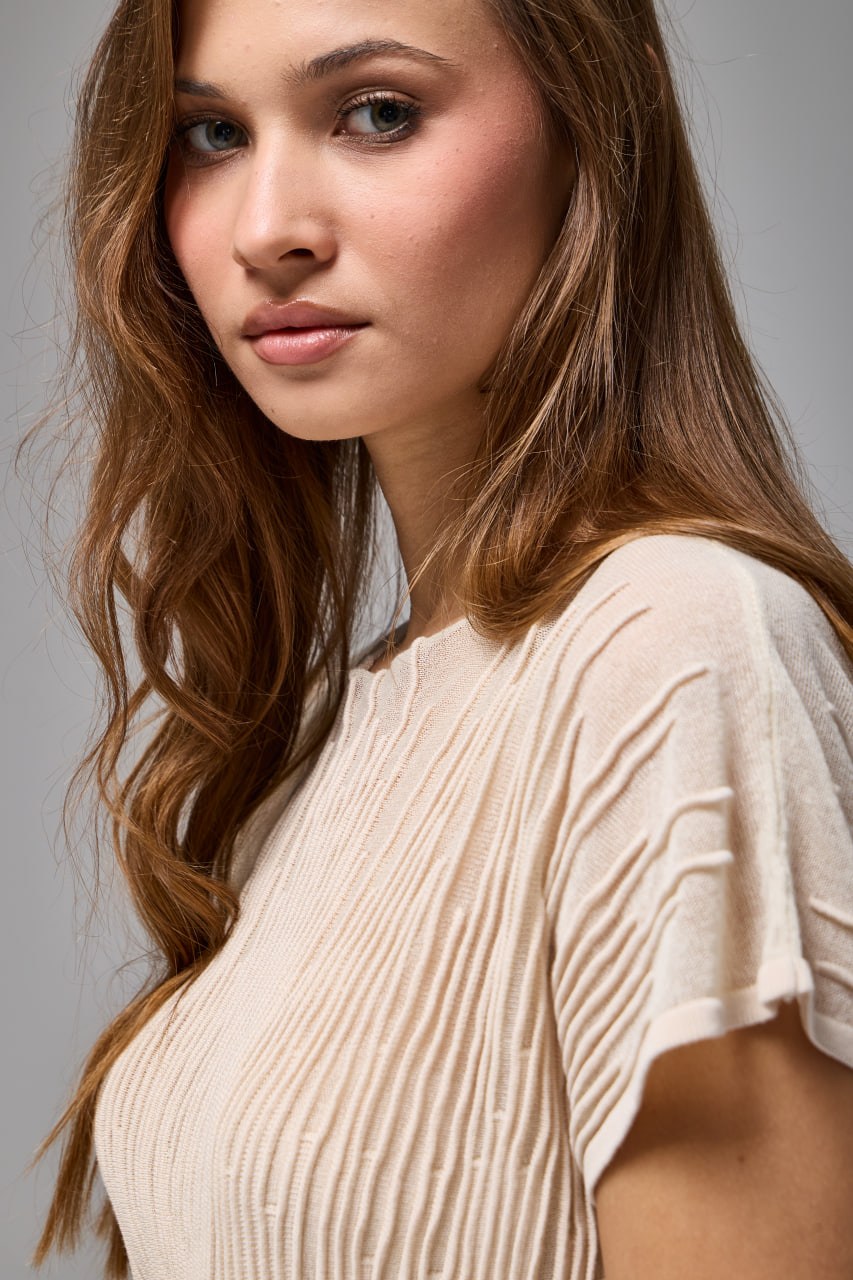 Wholesale Women's Stone Beige Sheer Mercerized Fine Knit Blouse with Boat Neck and Short Sleeves 0037-3625