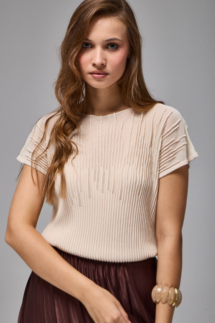 Wholesale Women's Stone Beige Sheer Mercerized Fine Knit Blouse with Boat Neck and Short Sleeves 0037-3625