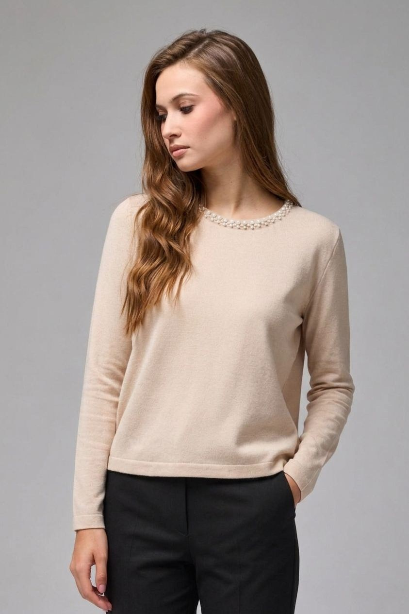 Wholesale Women's Stone Beige Soft-Textured Knit Sweater with Pearl-Embellished Collar 0037-3716