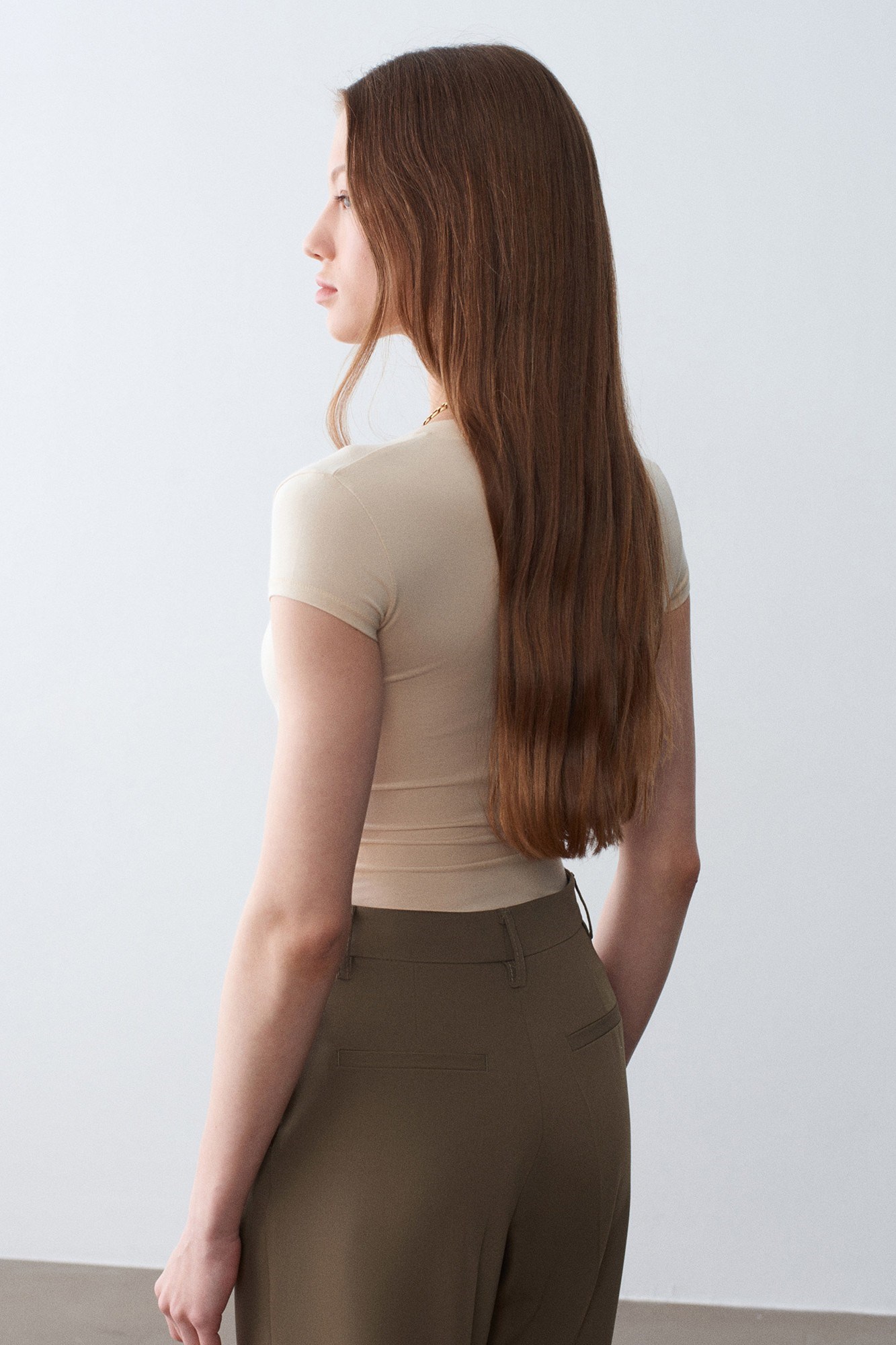 Wholesale Women's Stone Beige Supima Cotton V-Neck Tee 0431-32799