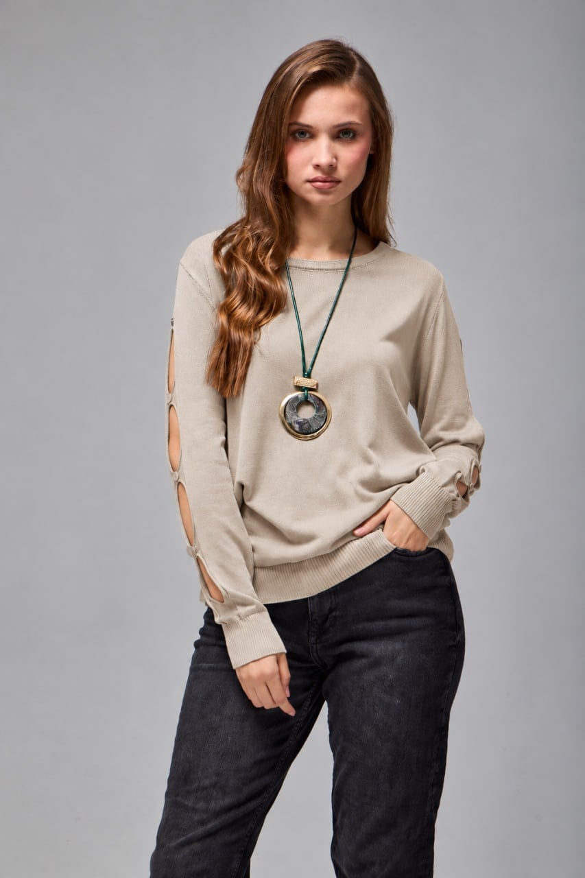 Wholesale Women's Stone Gray Buttoned Cut-Out Sleeve Knit Sweater 0037-3727