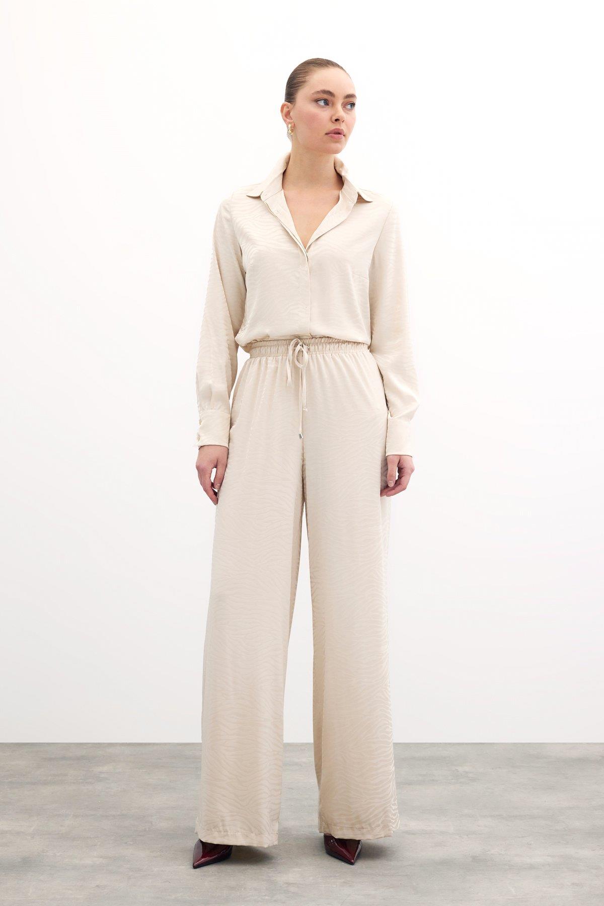 Wholesale Women's Stone Zebra Patterned Trousers with Elastic Waist 0033-1439-5019