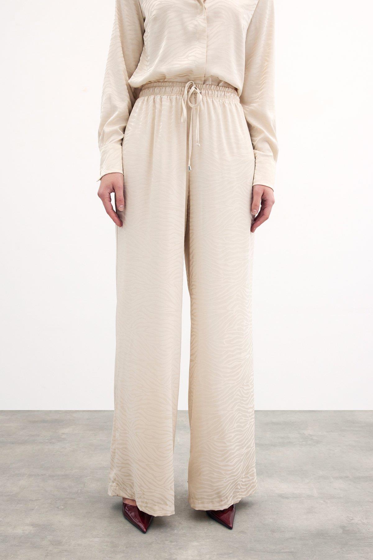 Wholesale Women's Stone Zebra Patterned Trousers with Elastic Waist 0033-1439-5019