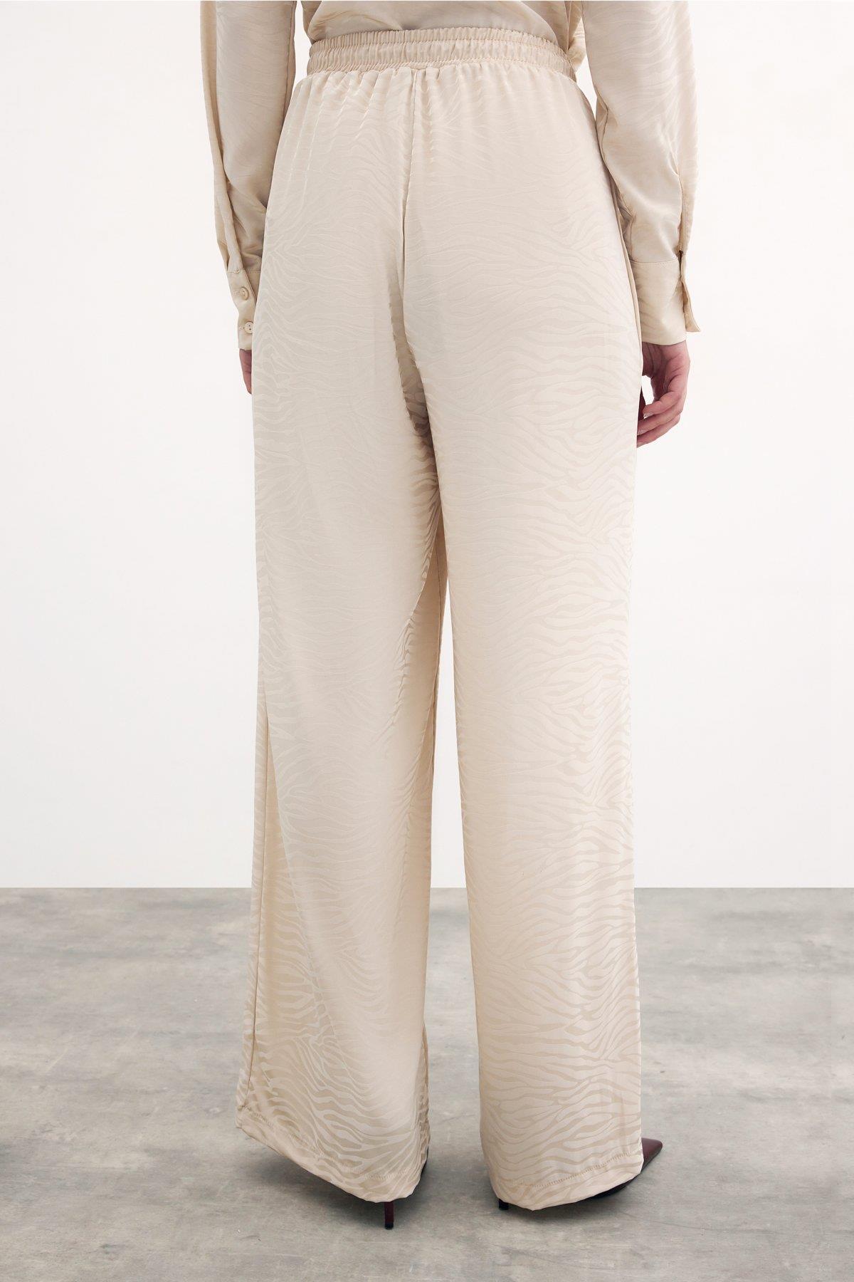 Wholesale Women's Stone Zebra Patterned Trousers with Elastic Waist 0033-1439-5019