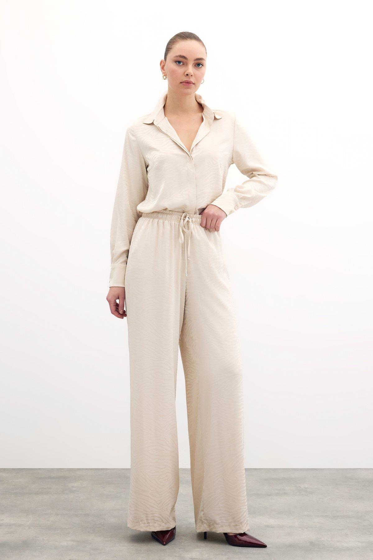 Wholesale Women's Stone Zebra Patterned Trousers with Elastic Waist 0033-1439-5019