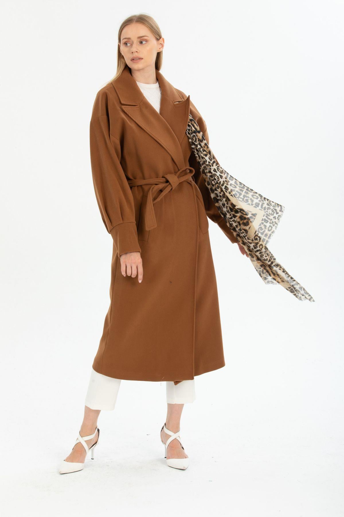 Wholesale Women's Tan Balloon Sleeve Lined Long Coat 70616