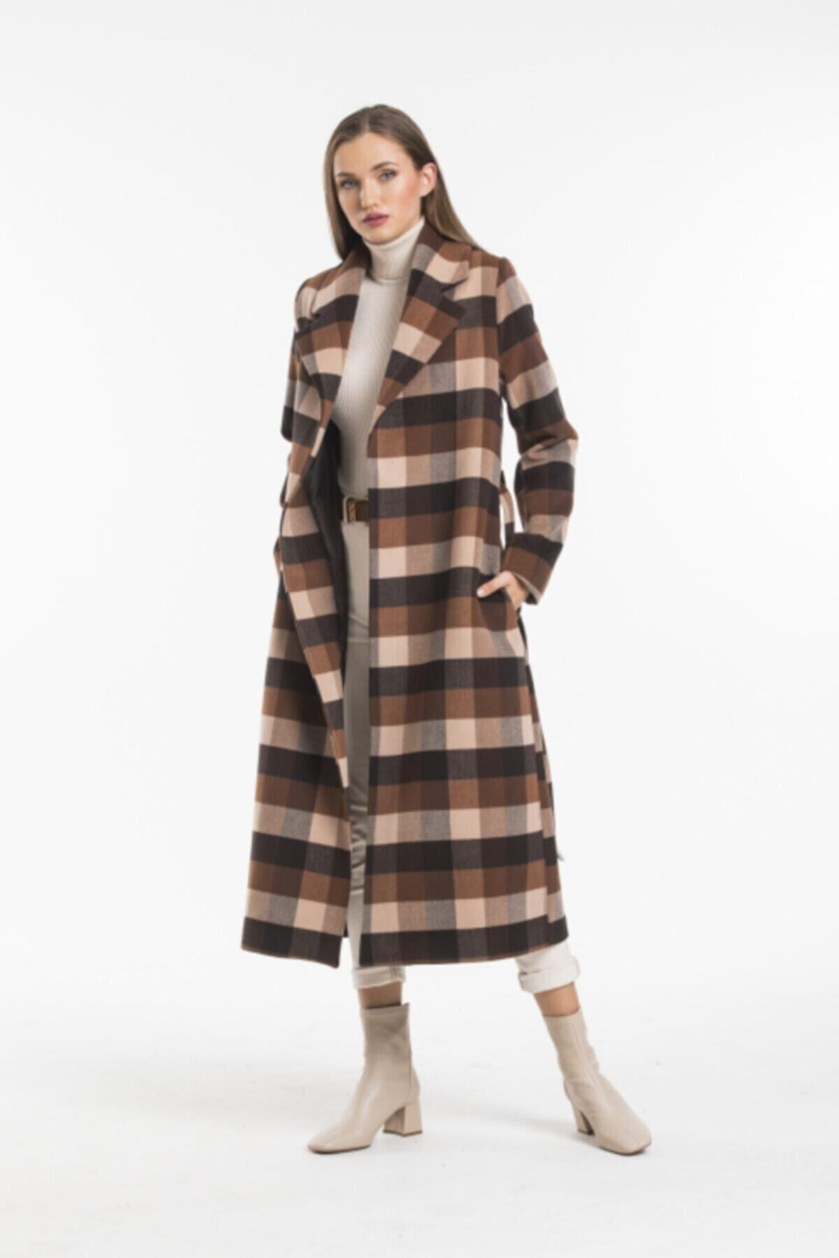Wholesale Women's Tan Brown Beige Checked Coat