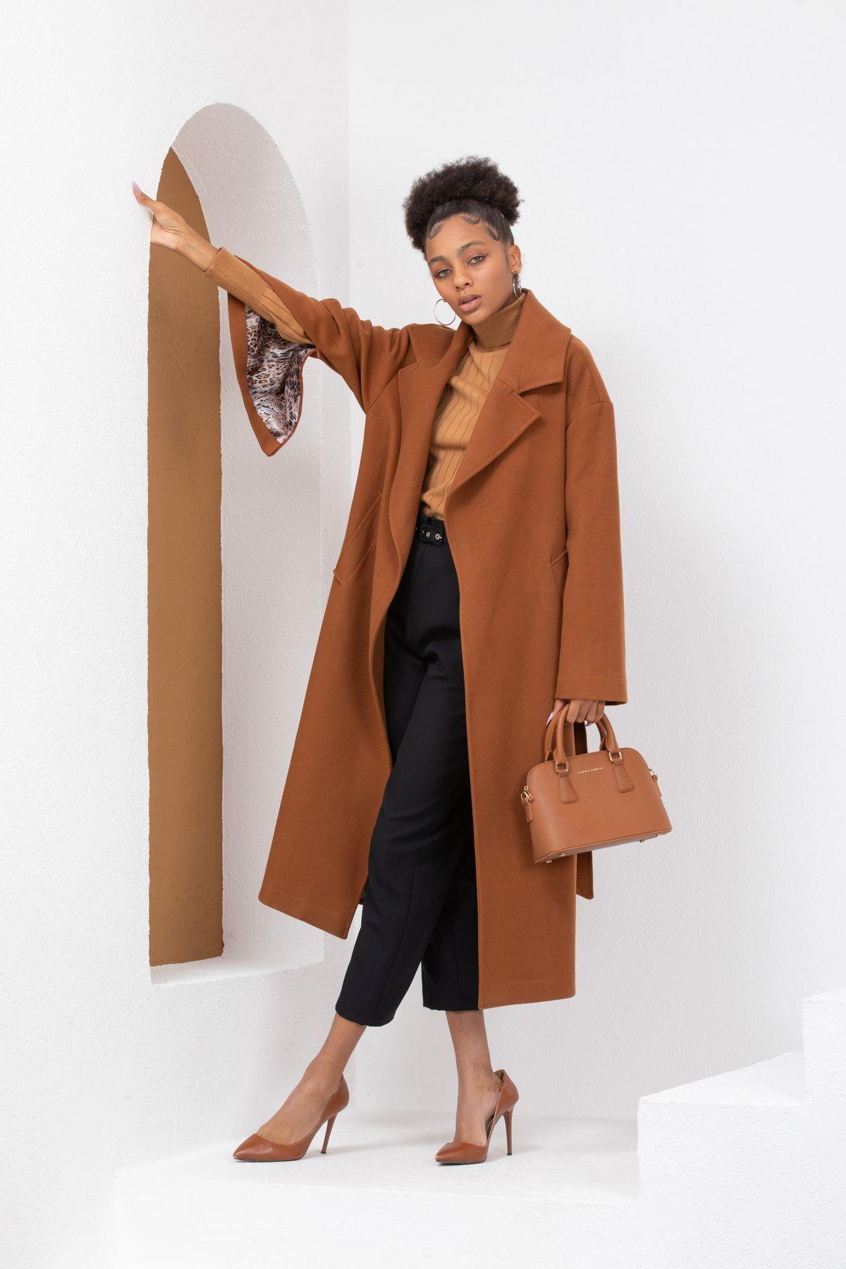 Wholesale Women's Tan Leopard Lined Wool Zippered Sleeves Belted Coat