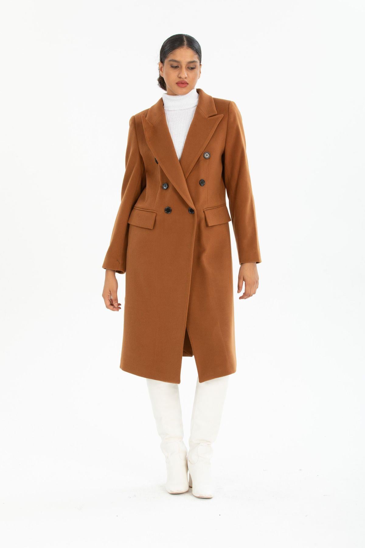 Wholesale Women's Tan Notched Collar Midi Black Buttoned Lined Coat 70615