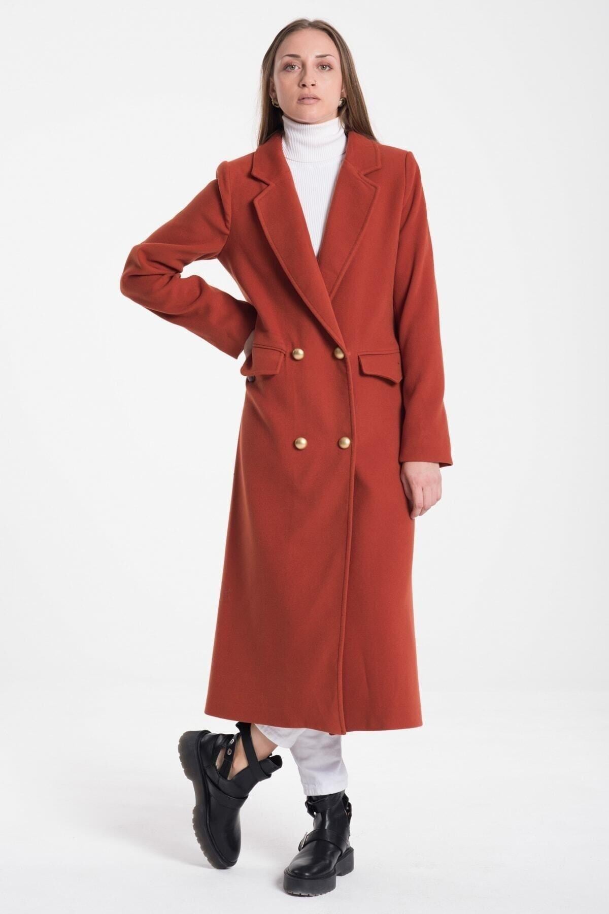 Wholesale Women's Terracotta Gold Buttoned Long Coat