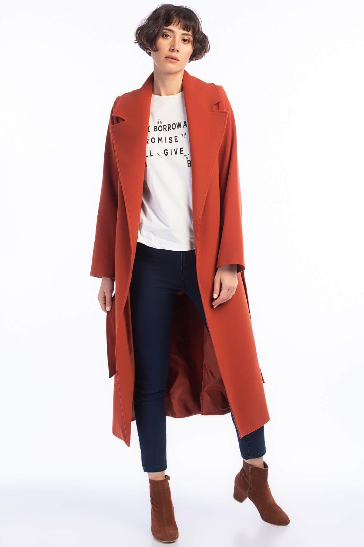 Wholesale Women's Terracotta Lapel Long Pocketed Belted Coat