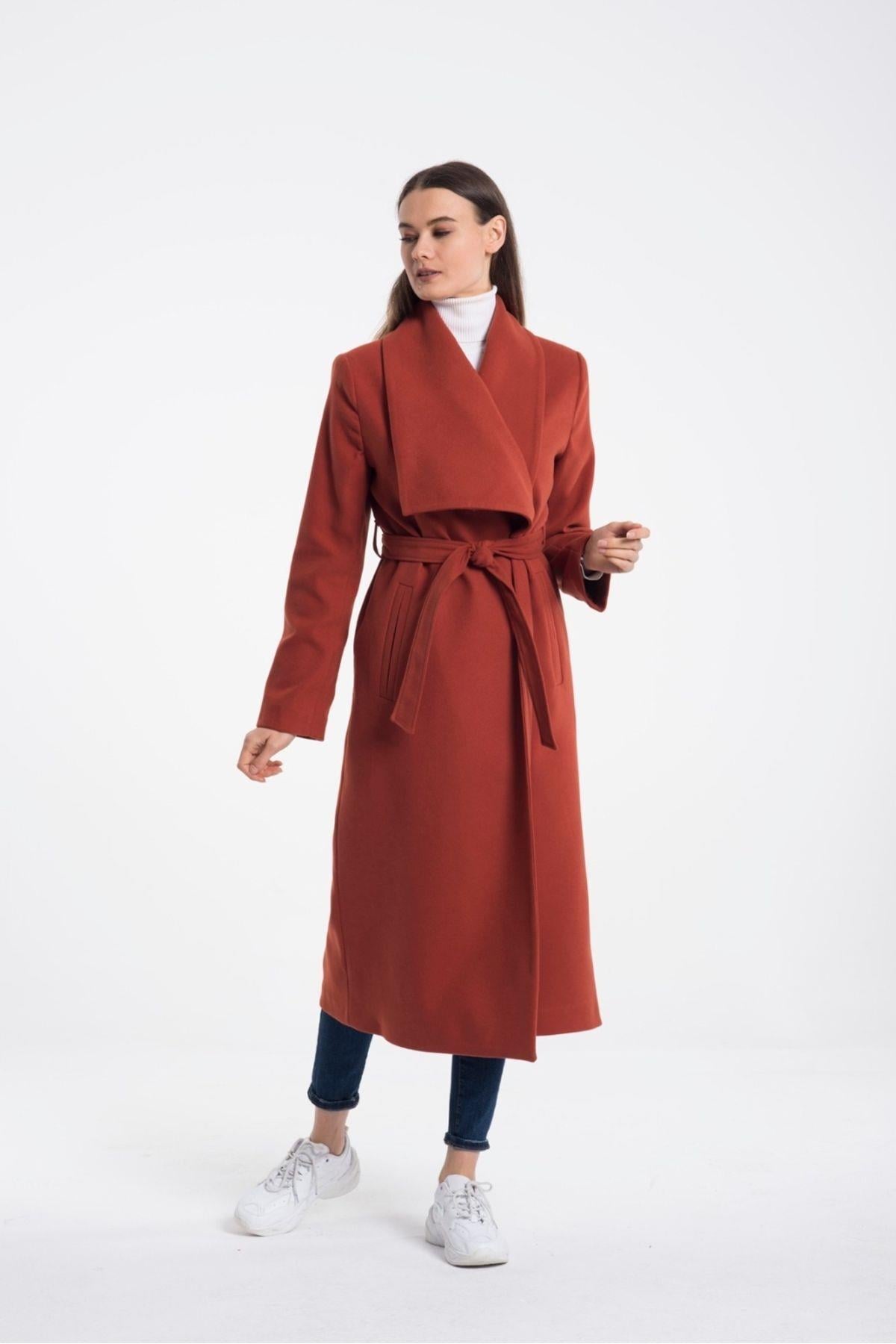 Wholesale Women's Terracotta Shawl Collar Long Belted Lined Coat