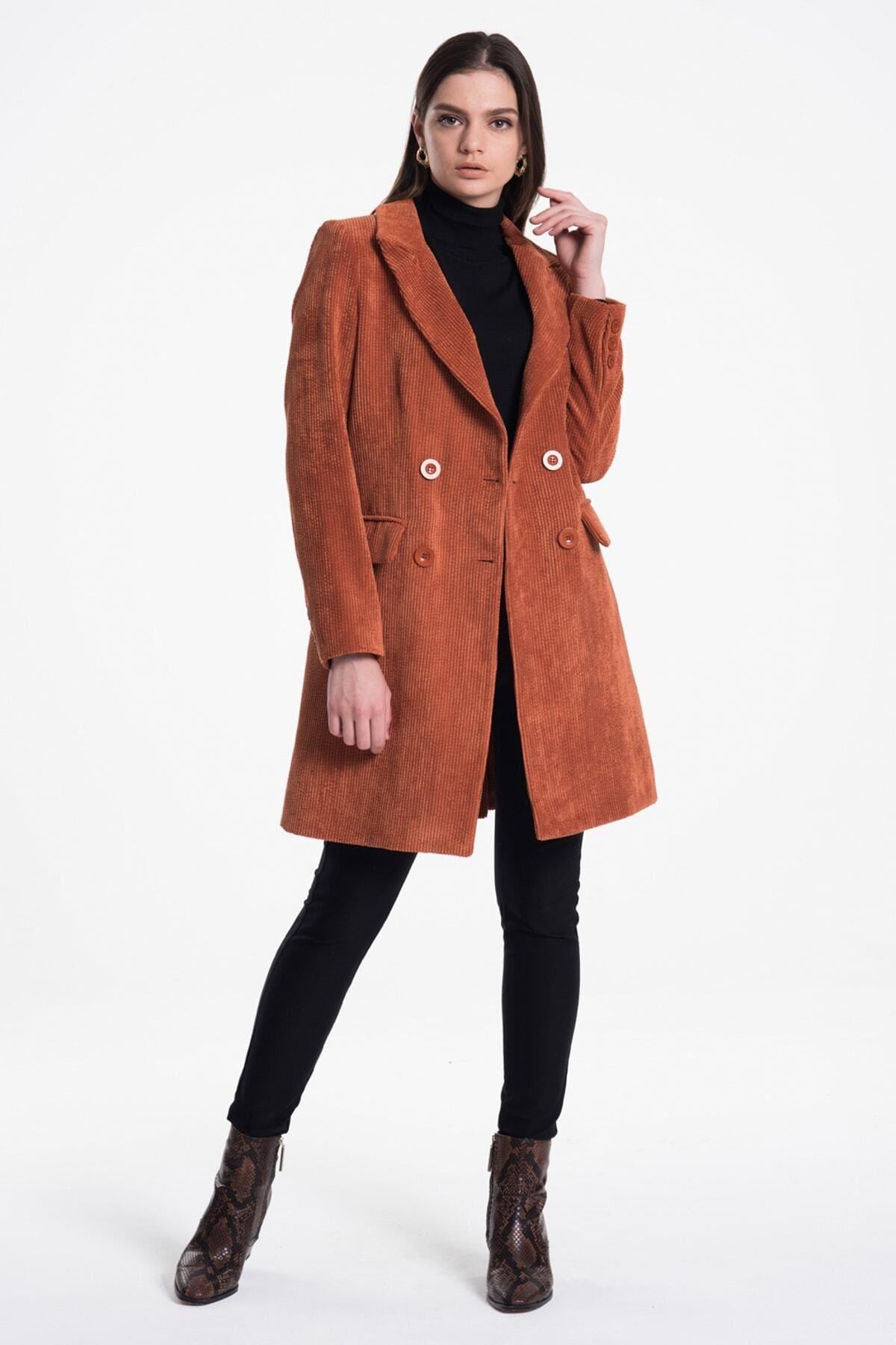 Wholesale Women's Terracotta Velvet Double-Breasted Long Jacket