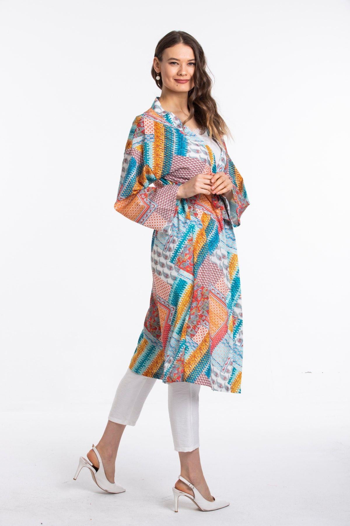 Wholesale Women's Turquoise Patterned Summer Kimono