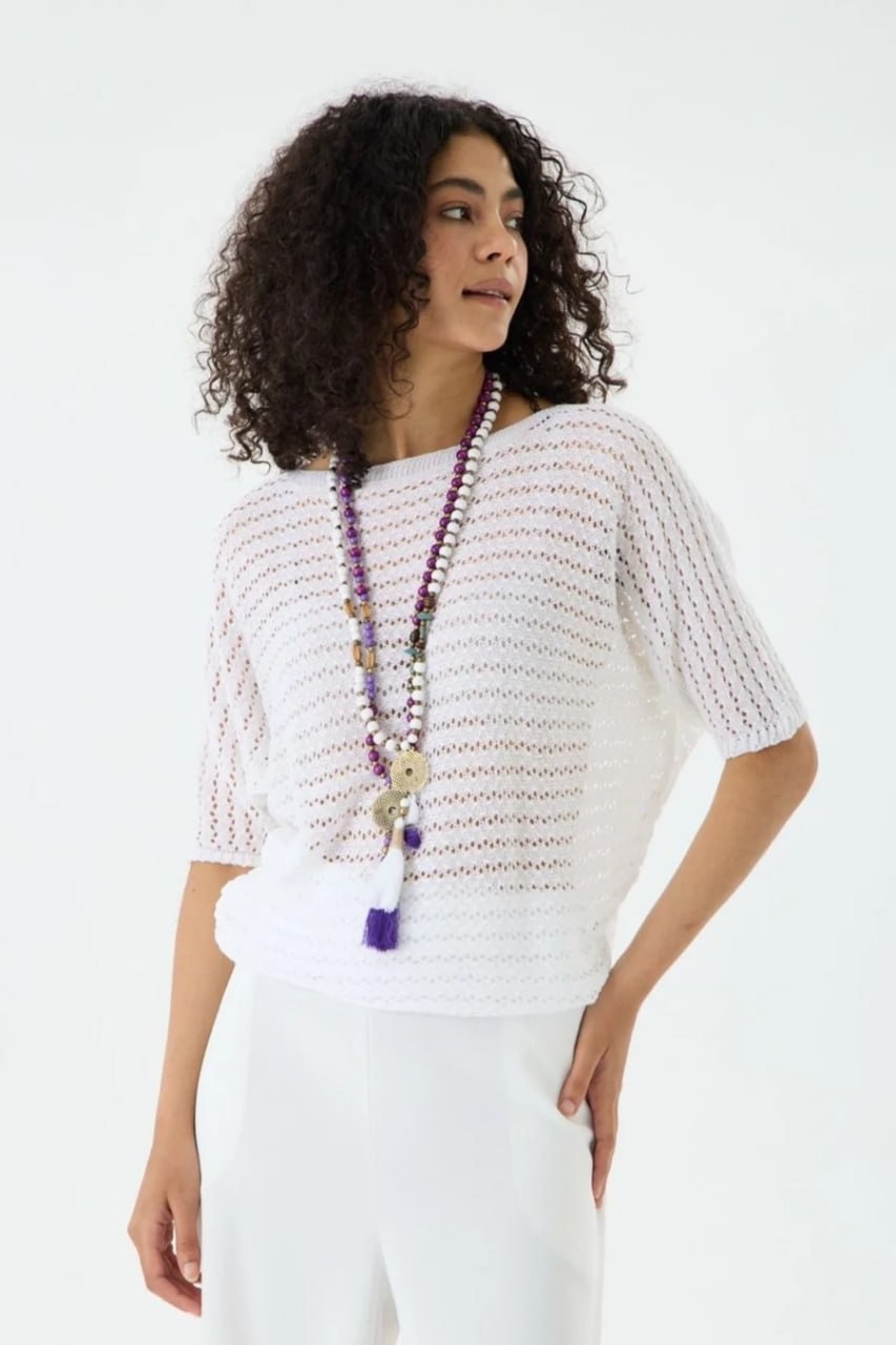 Wholesale Women's White Boat Neck Mercerized Openwork Fine Knit Blouse 0037-3619