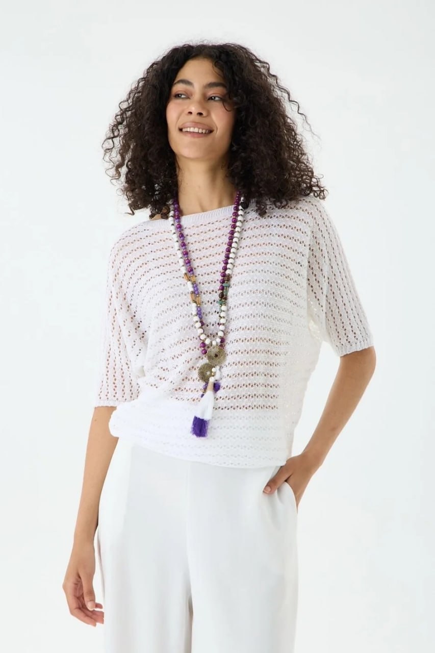 Wholesale Women's White Boat Neck Mercerized Openwork Fine Knit Blouse 0037-3619