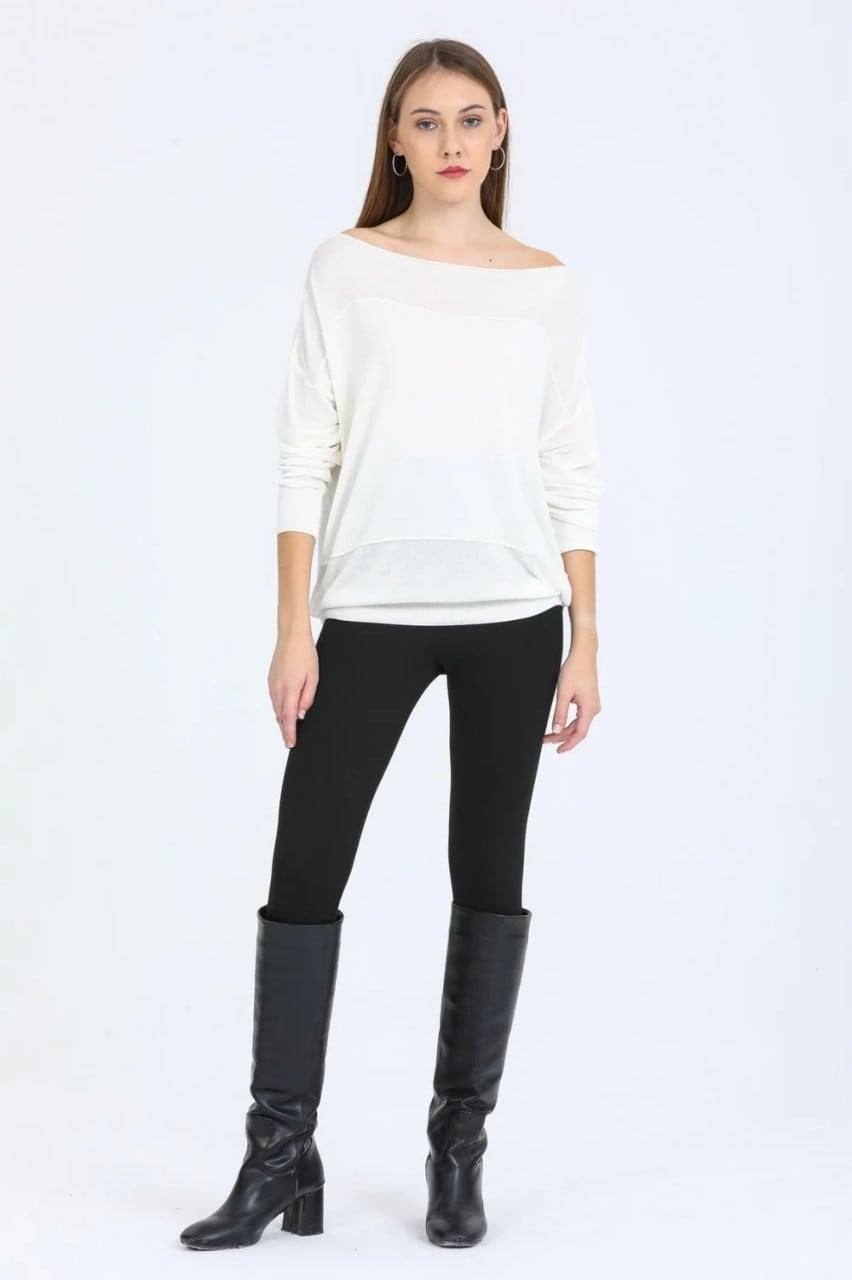 Wholesale Women's White Fine Knit Sweater with Boat Neck and Drop Shoulders 0037-8540