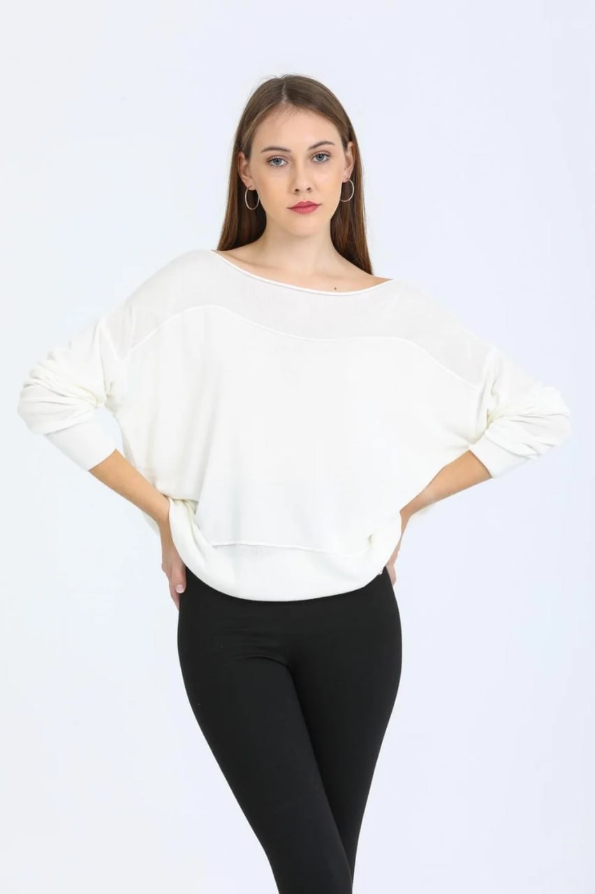 Wholesale Women's White Fine Knit Sweater with Boat Neck and Drop Shoulders 0037-8540