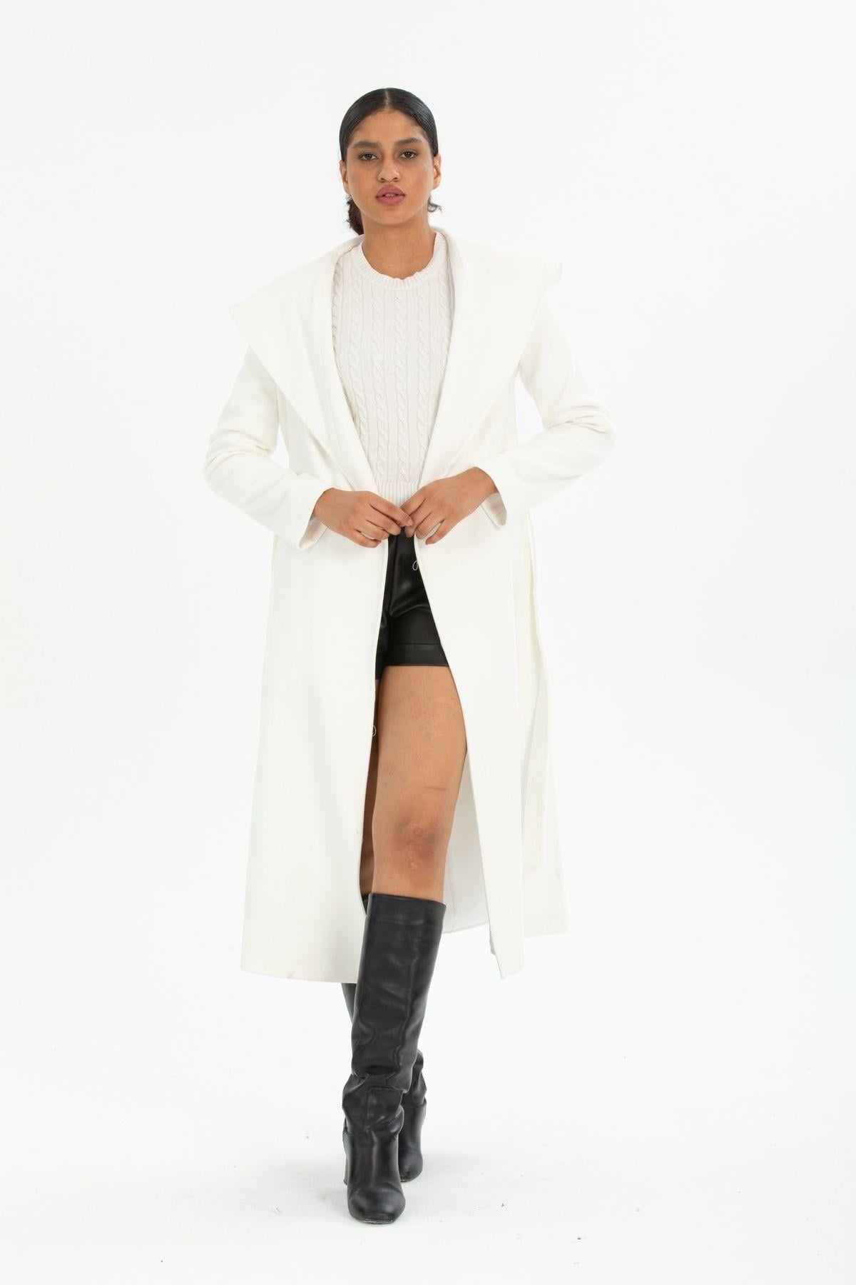 Wholesale Women's White Hooded Long Belted Lined Coat