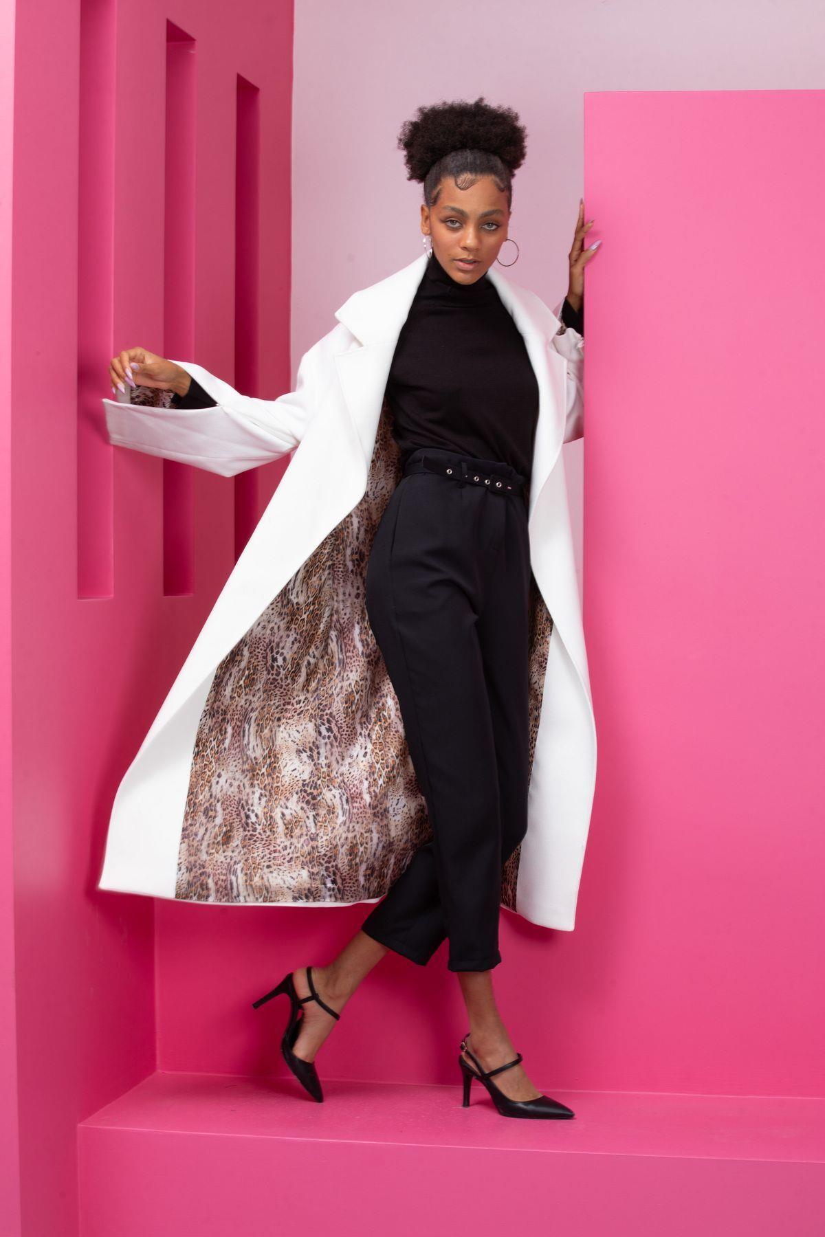 Wholesale Women's White Leopard Lined Wool Zippered Sleeves Belted Coat