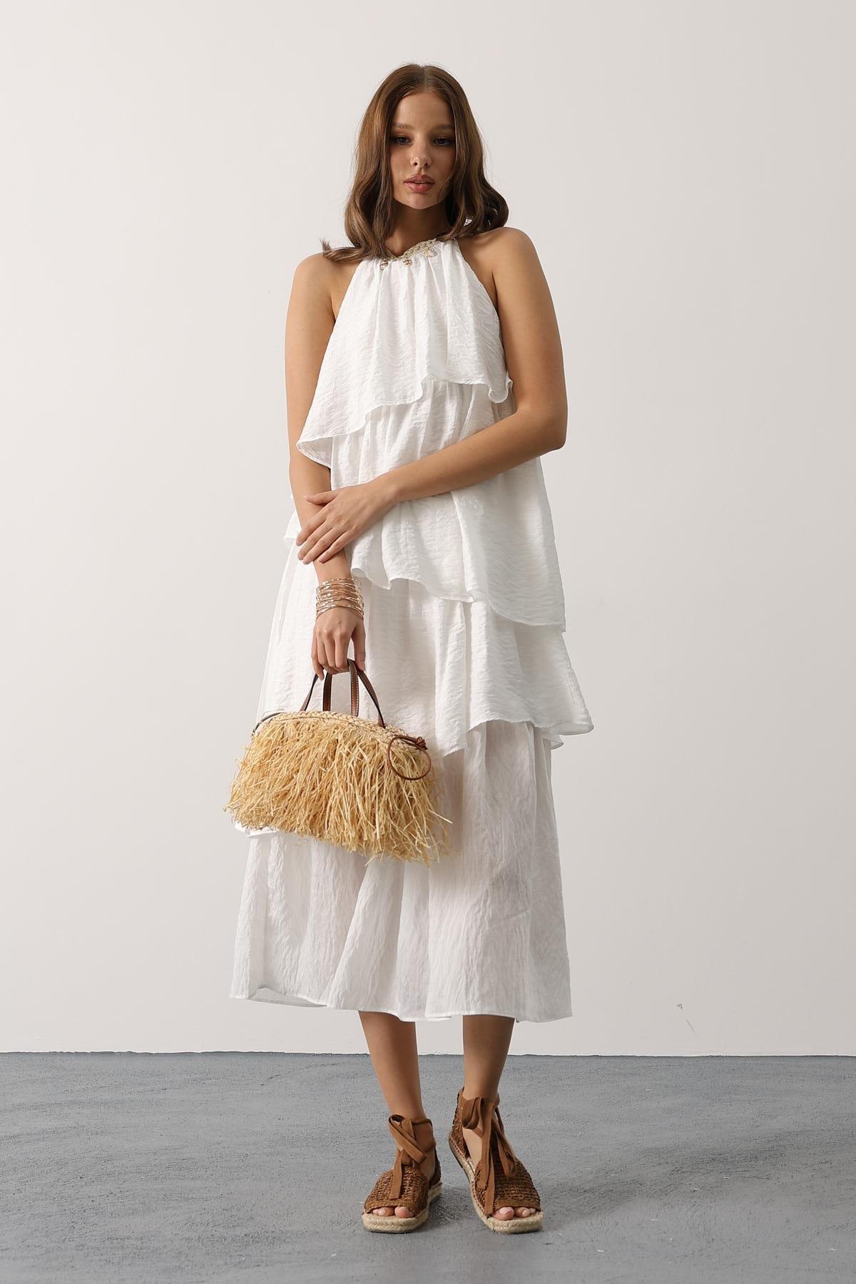 Wholesale Women's White Sleeveless Layered Dress with Collar Detail 0061-35499