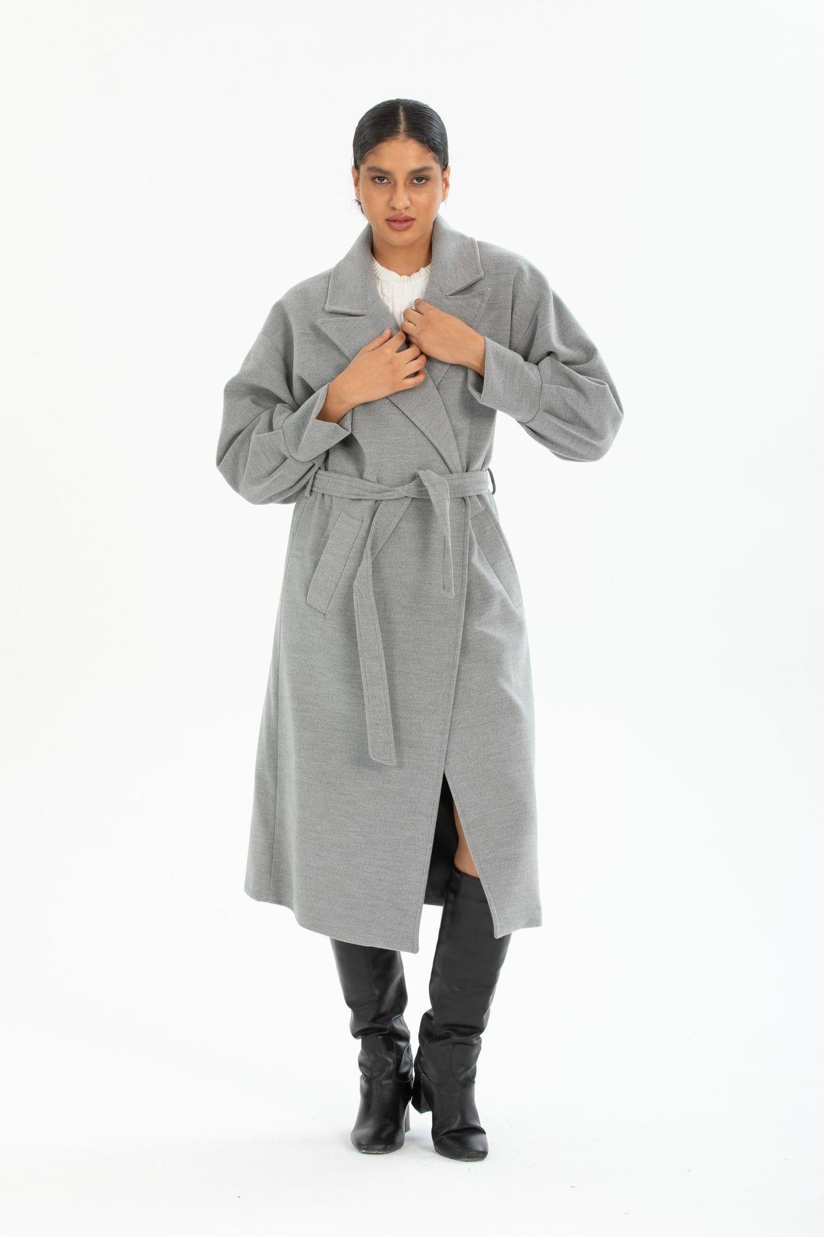 Wholesale Women's Yellow Balloon Sleeve Lined Long Coat 70616