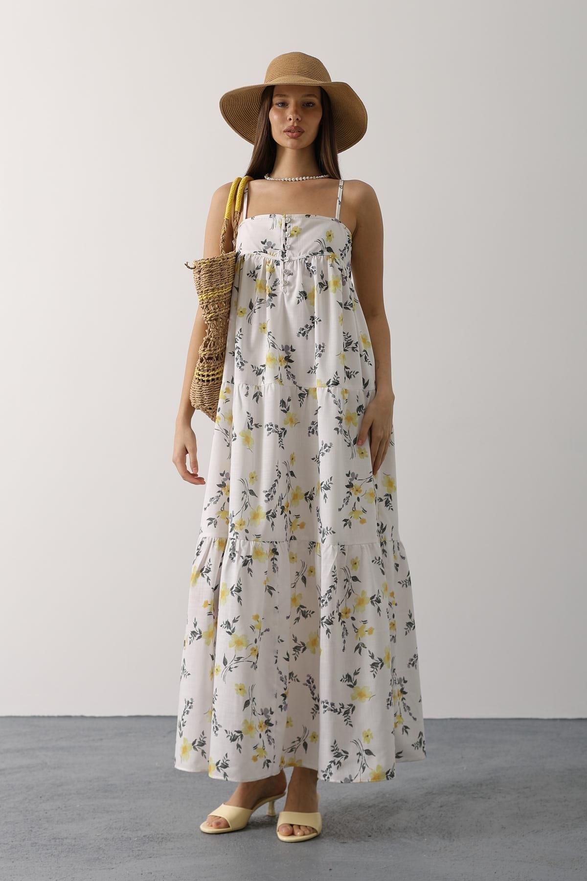 Wholesale Women's Yellow Floral Empire-Waist Tiered Maxi Sundress 0061-35505