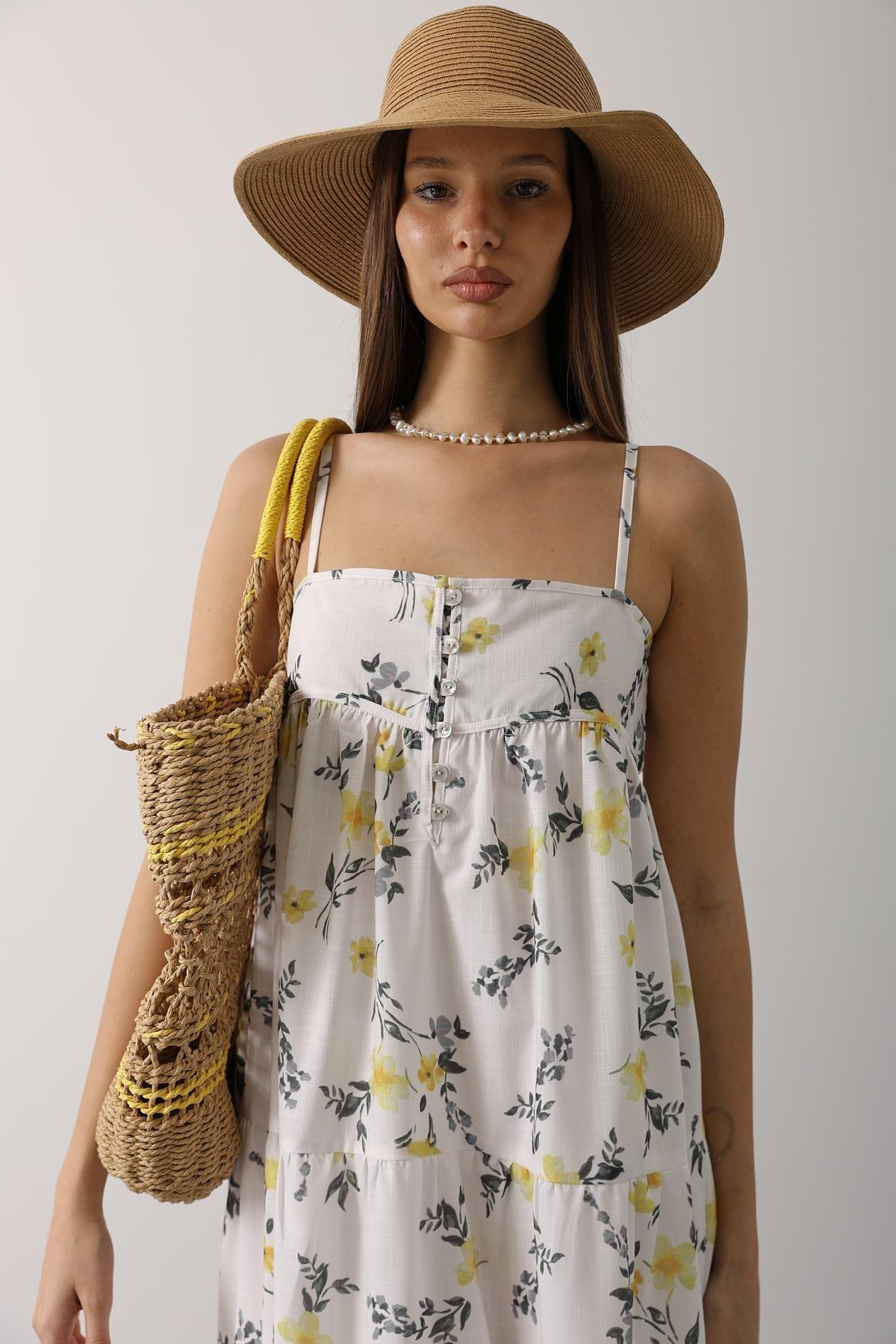 Wholesale Women's Yellow Floral Empire-Waist Tiered Maxi Sundress 0061-35505